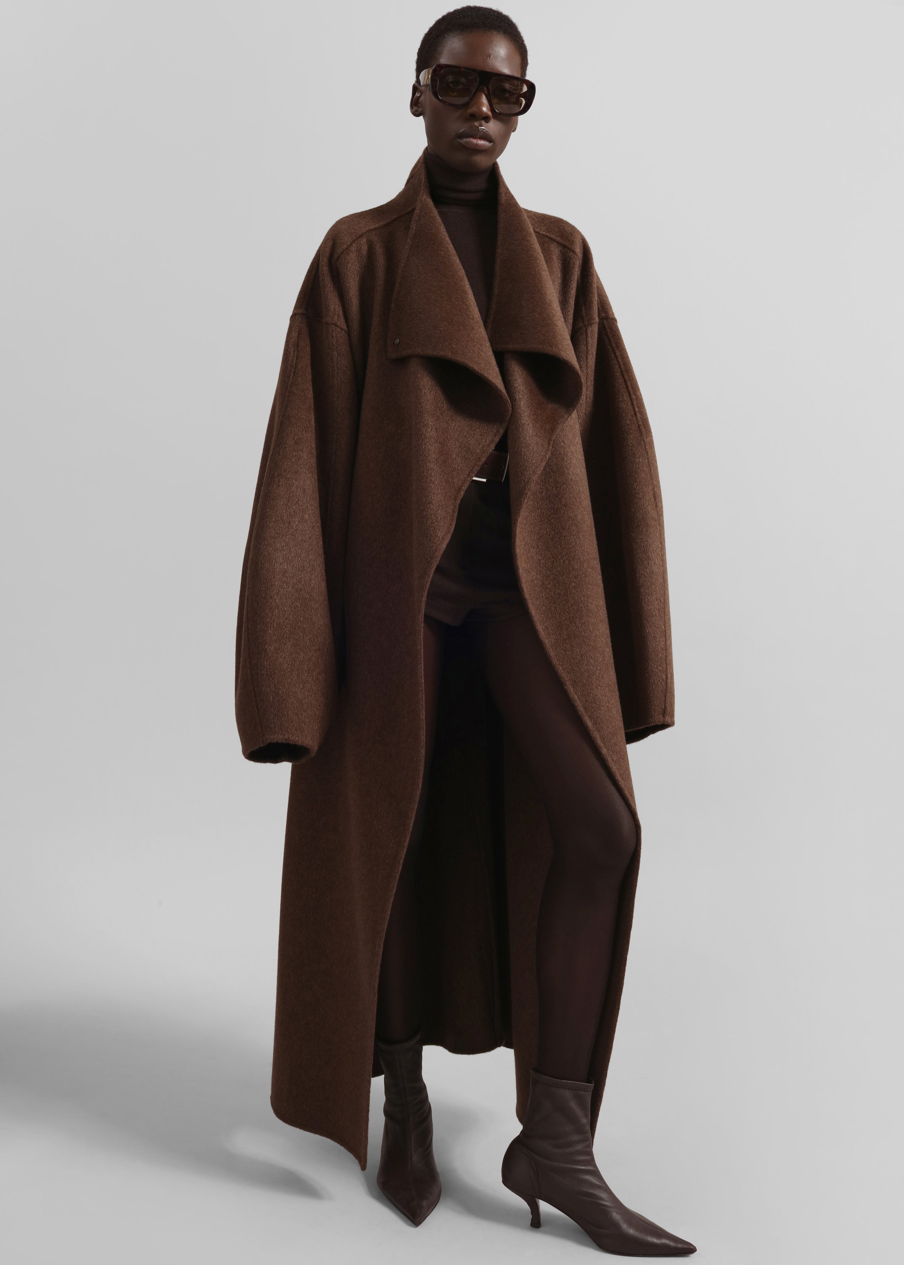 Leroy Funnel Neck Wool Coat - Brown Melange - 1