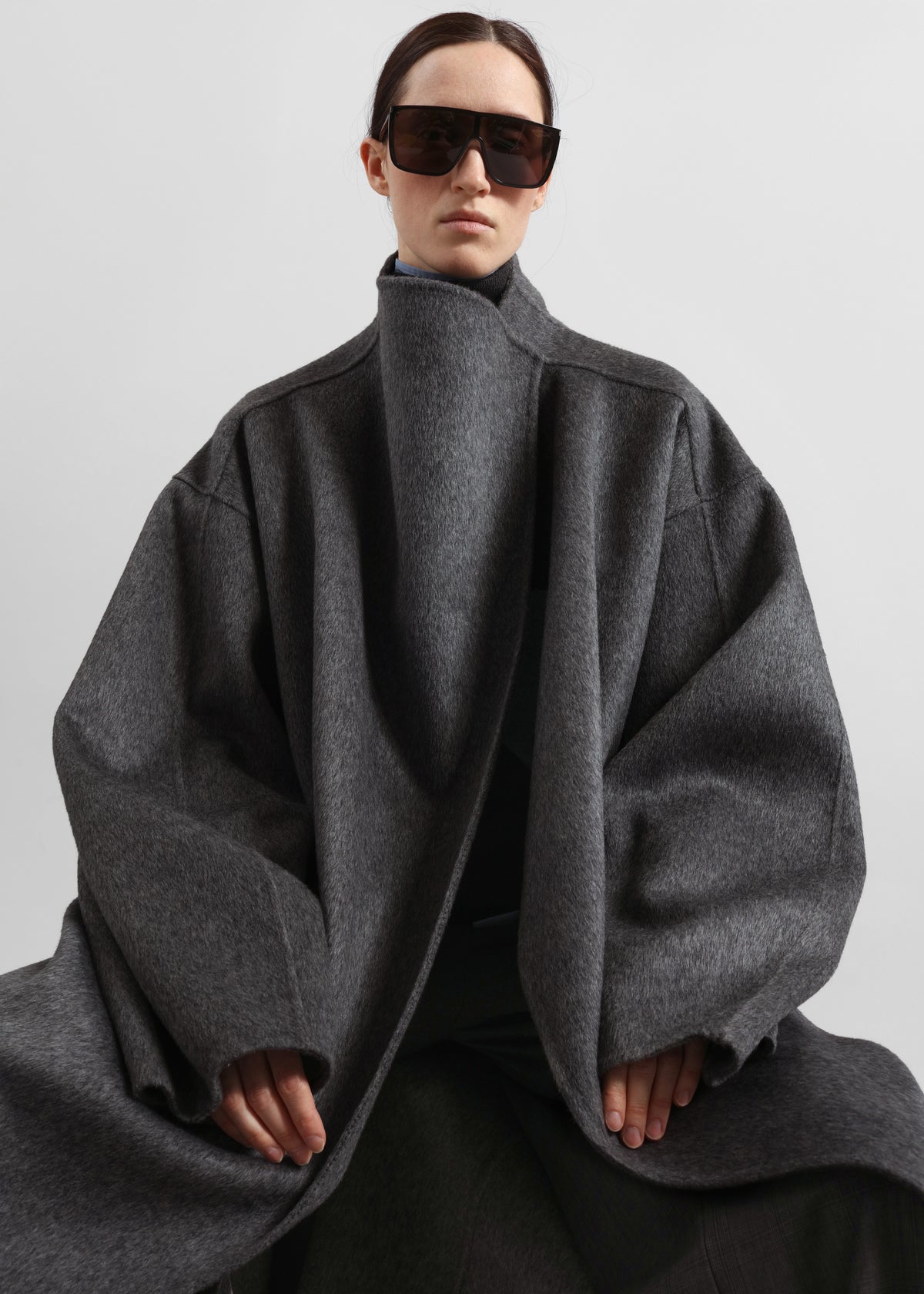 Leroy Funnel Neck Wool Coat - Dark Grey Melange - 3