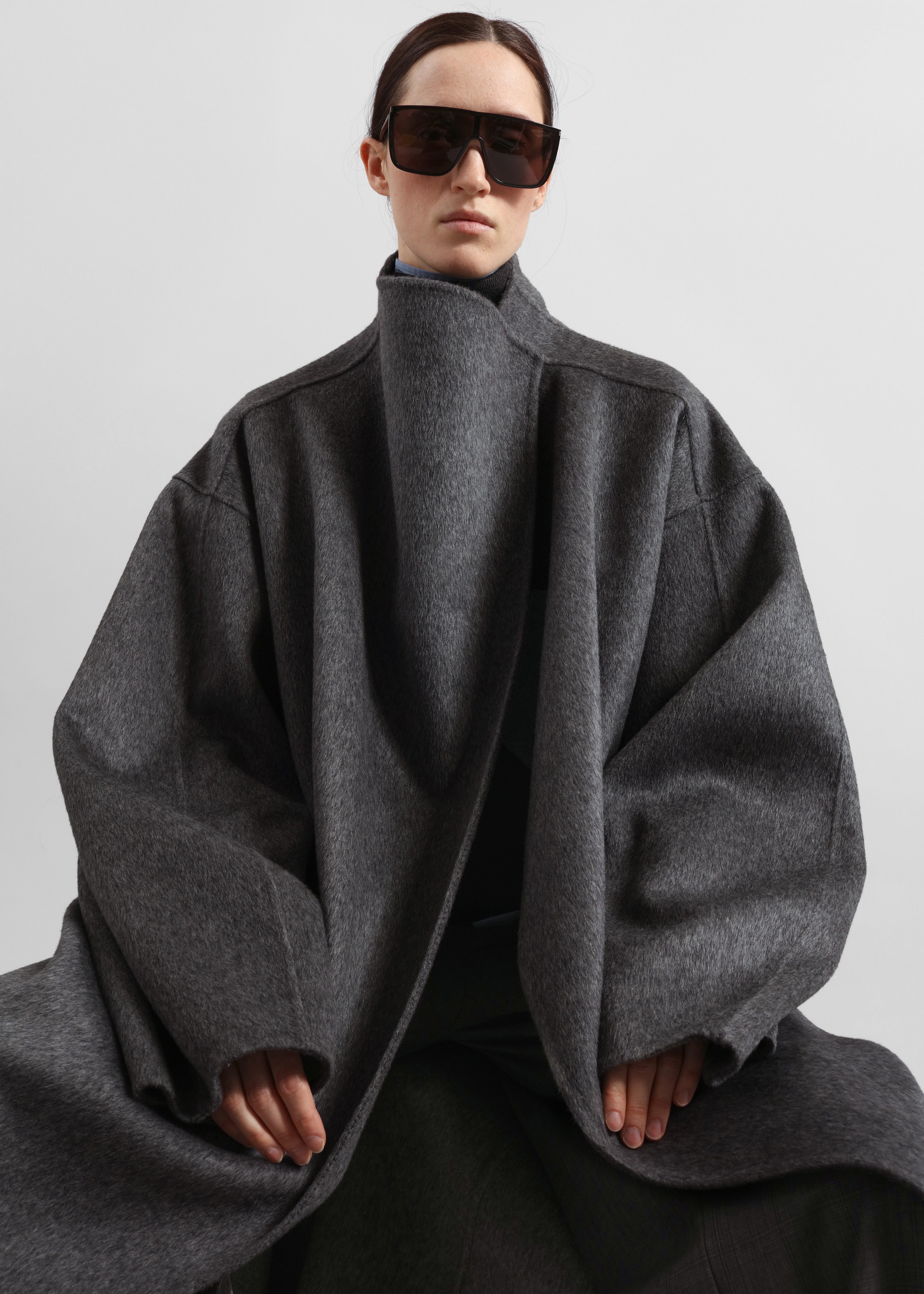 Leroy Funnel Neck Wool Coat - Dark Grey Melange - 3