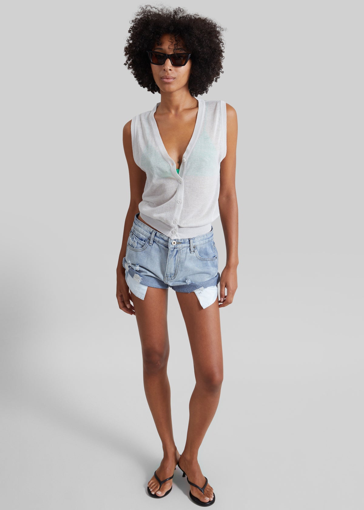 Lesina Sheer Knit Sleeveless Cardigan - Light Grey - 5