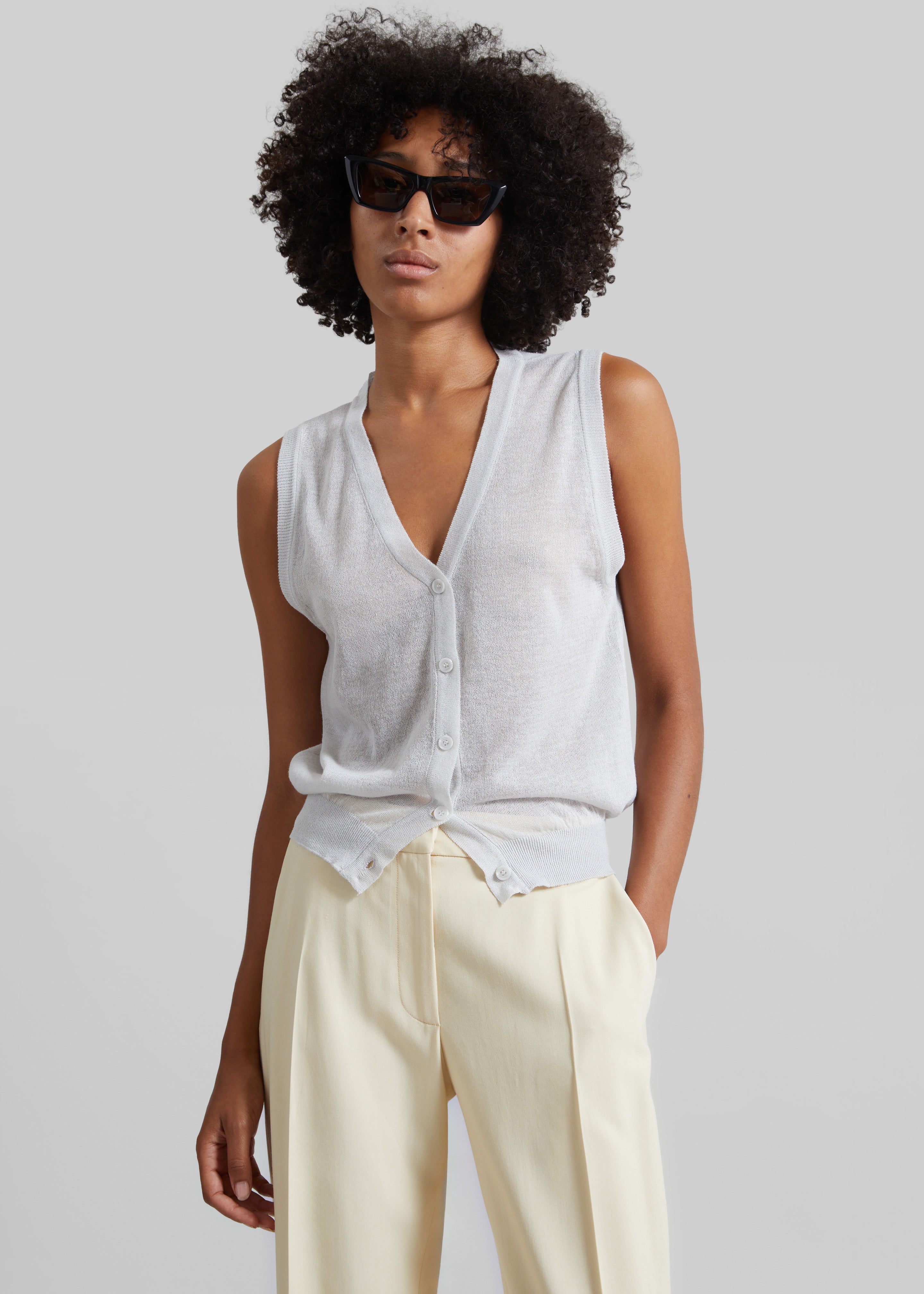 Lesina Sheer Knit Sleeveless Cardigan - Light Grey – The Frankie Shop