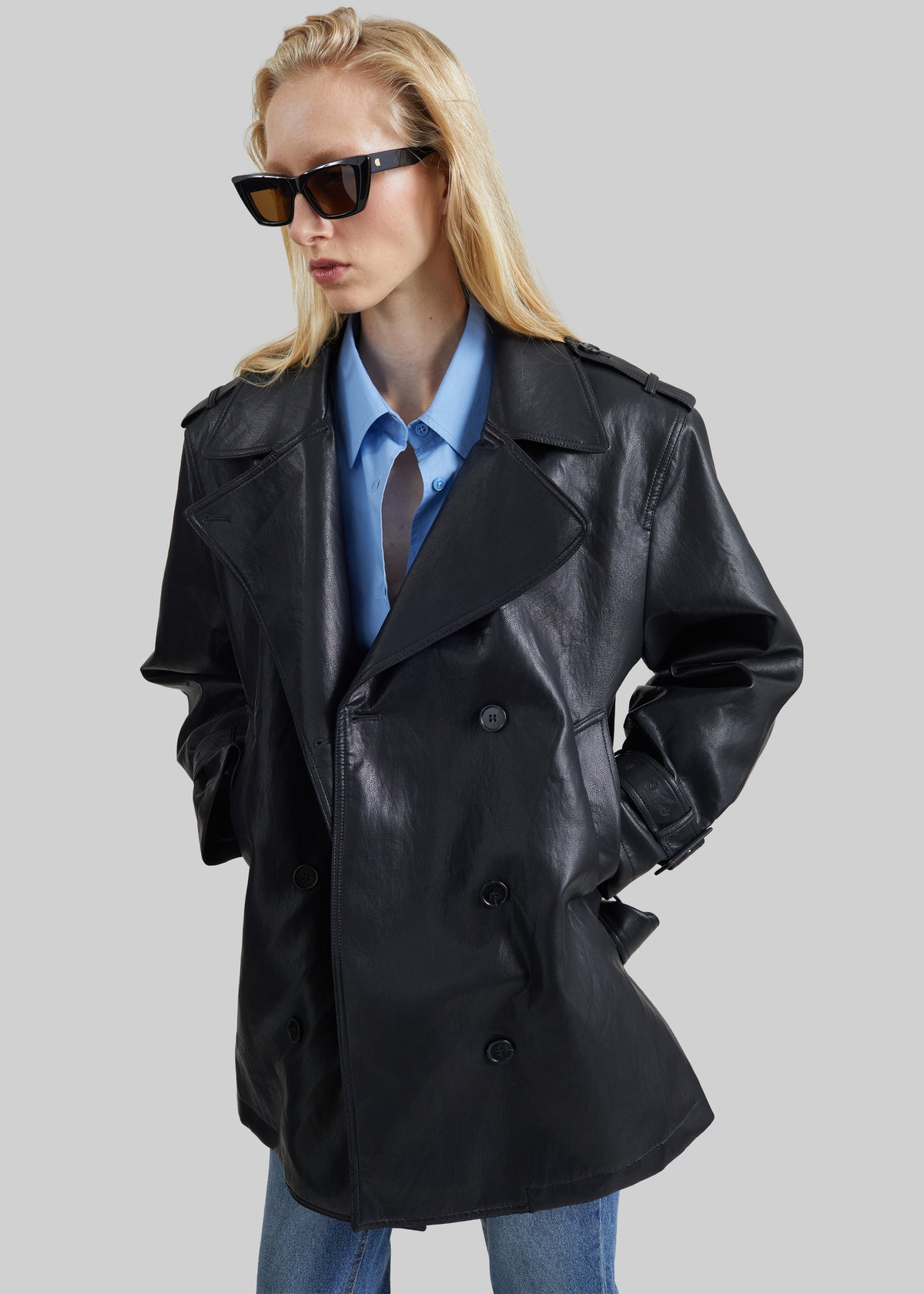 Limay Faux Leather Short Trench - Black