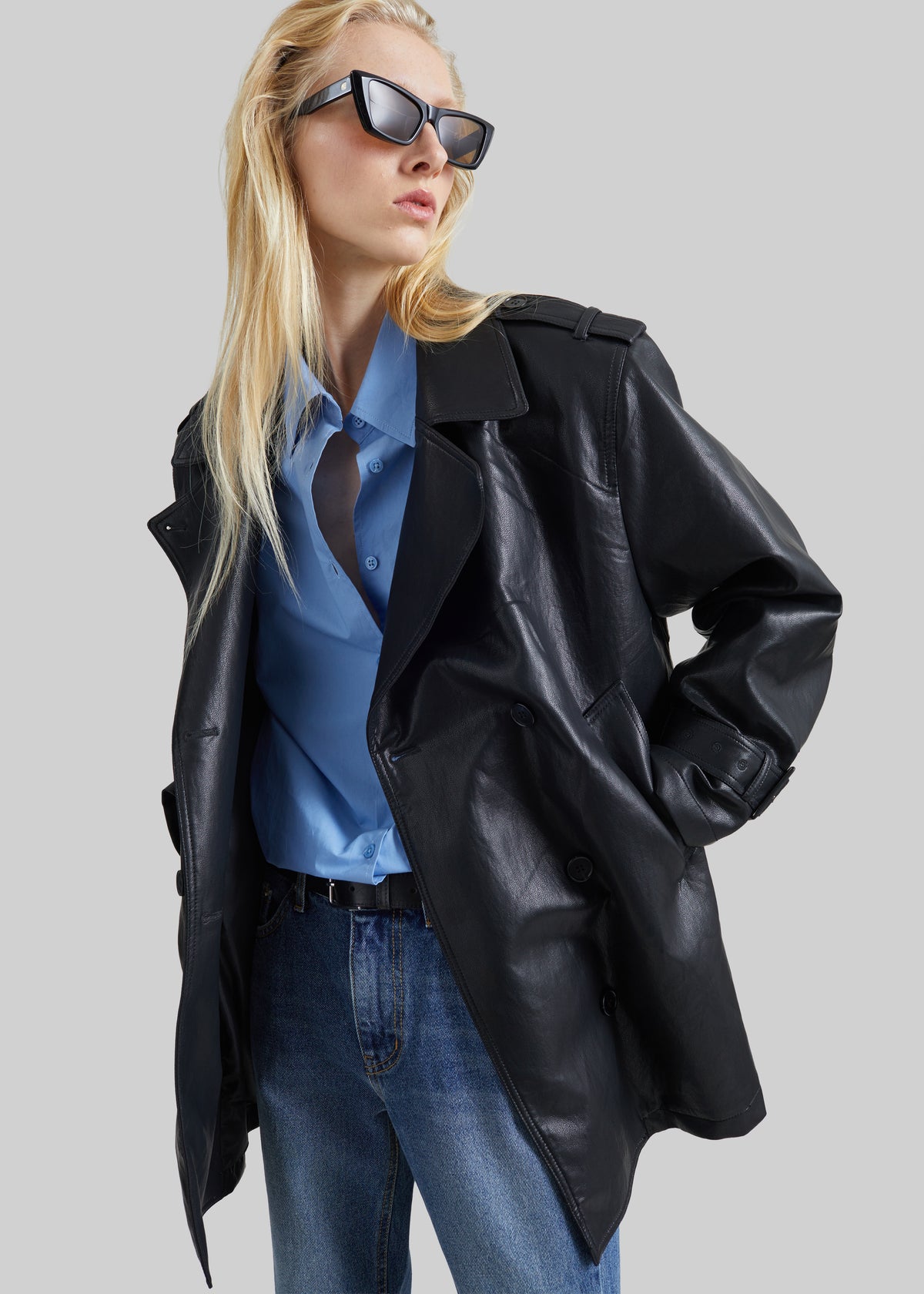 Limay Faux Leather Short Trench - Black