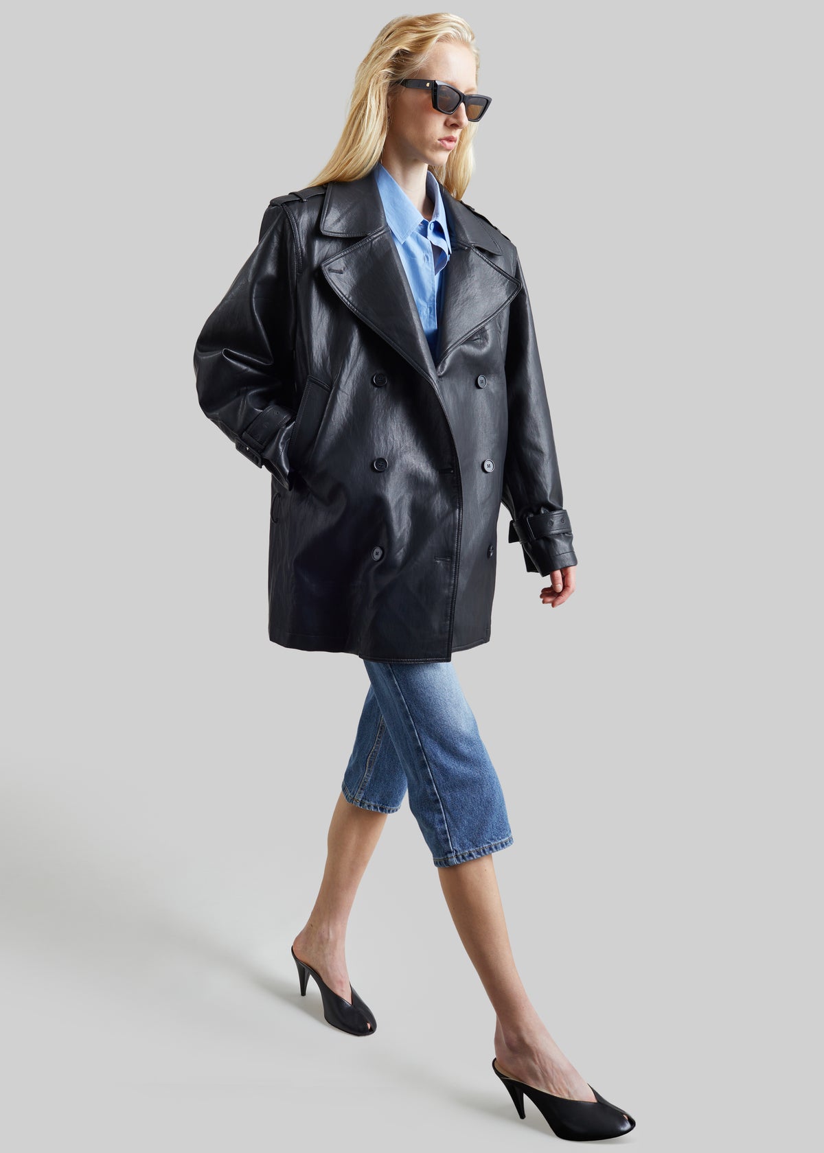 Limay Faux Leather Short Trench - Black