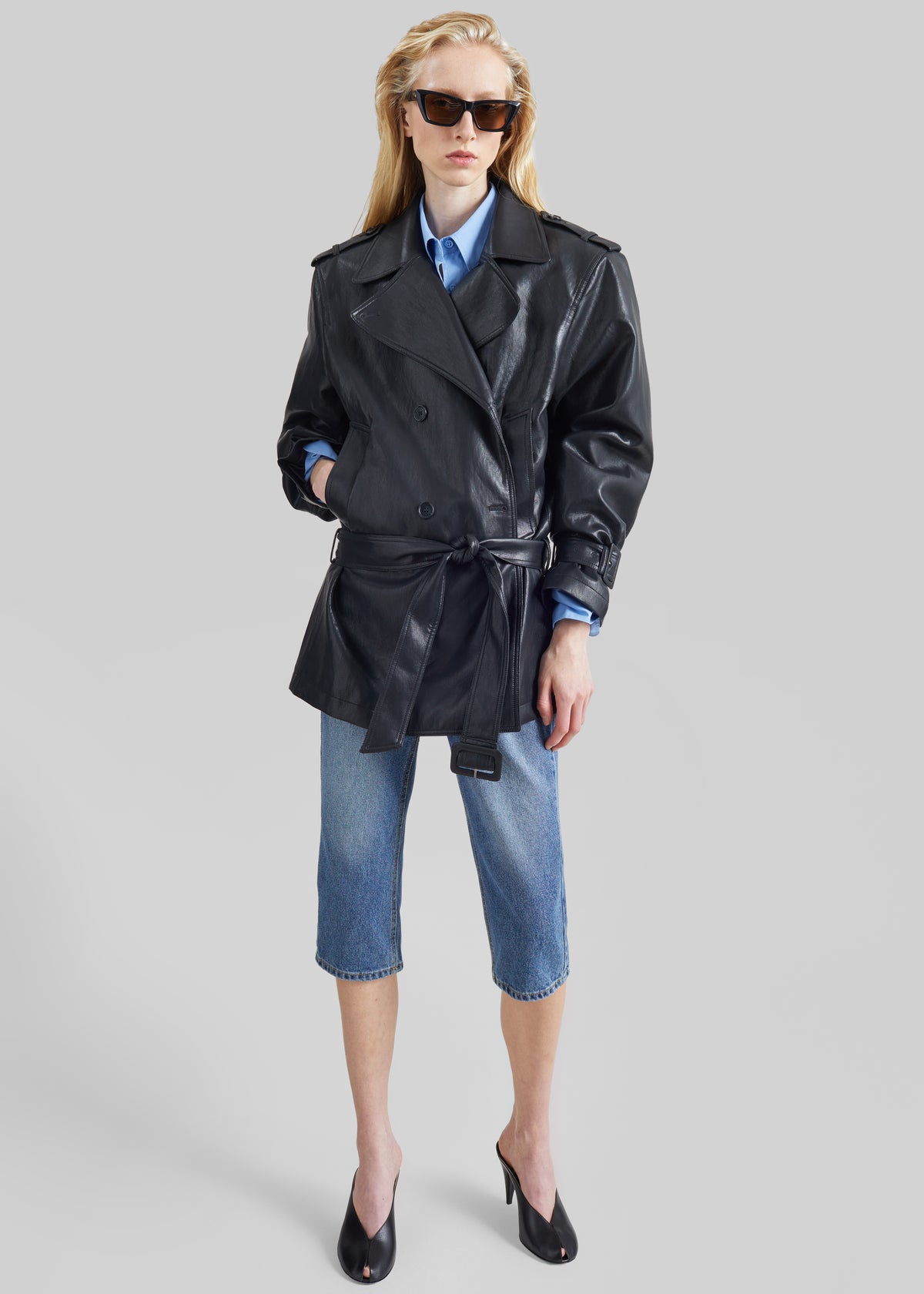 Limay Faux Leather Short Trench - Black