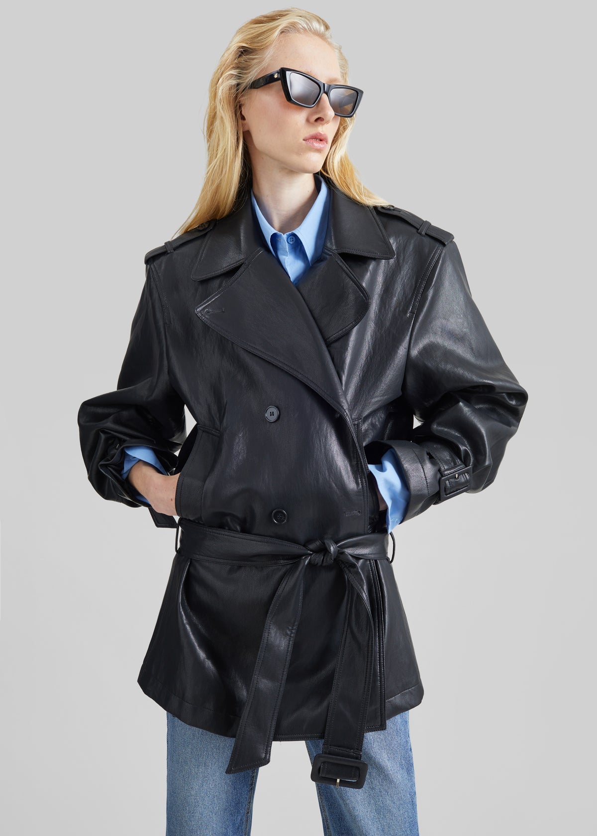 Limay Faux Leather Short Trench - Black