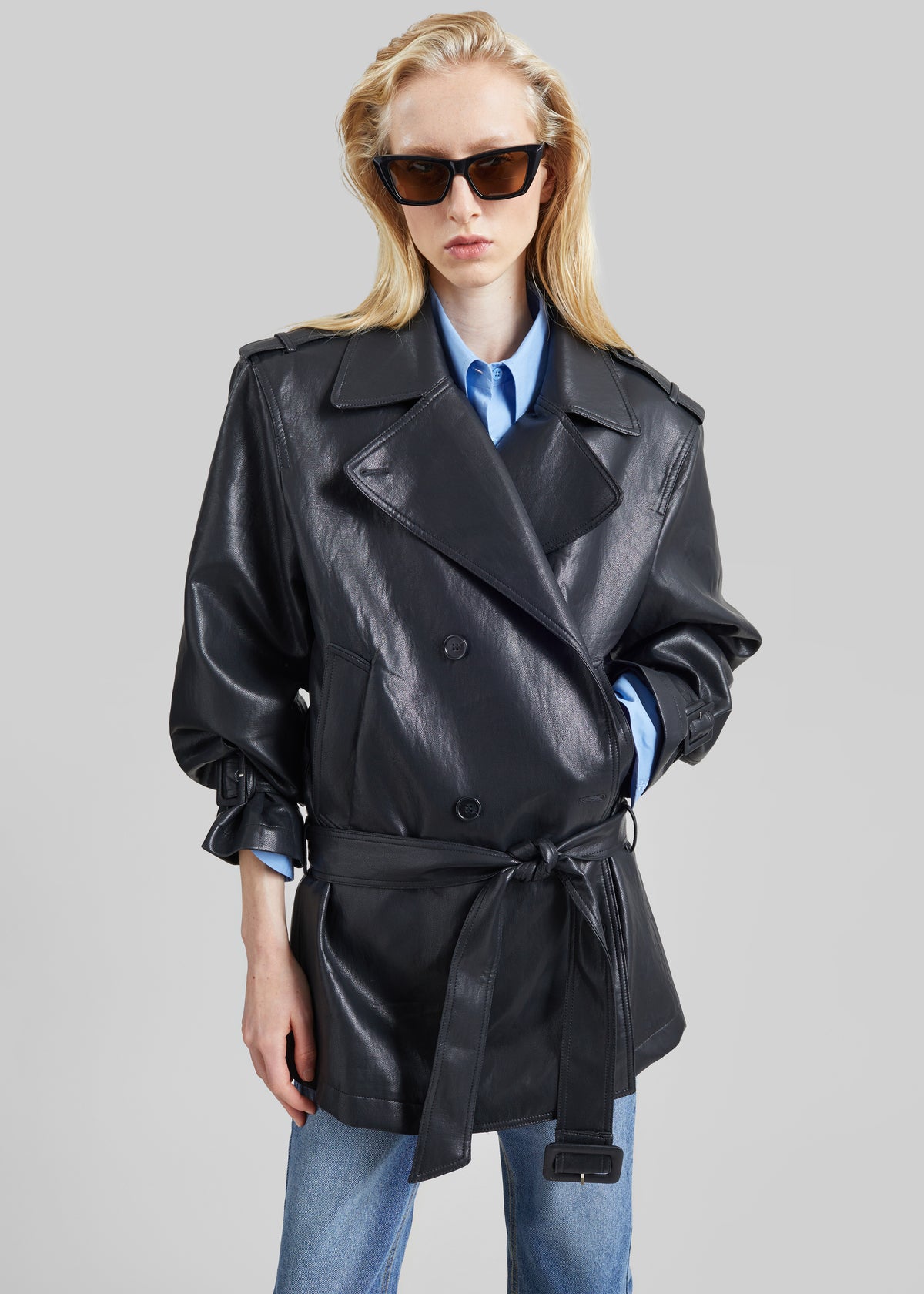 Limay Faux Leather Short Trench - Black