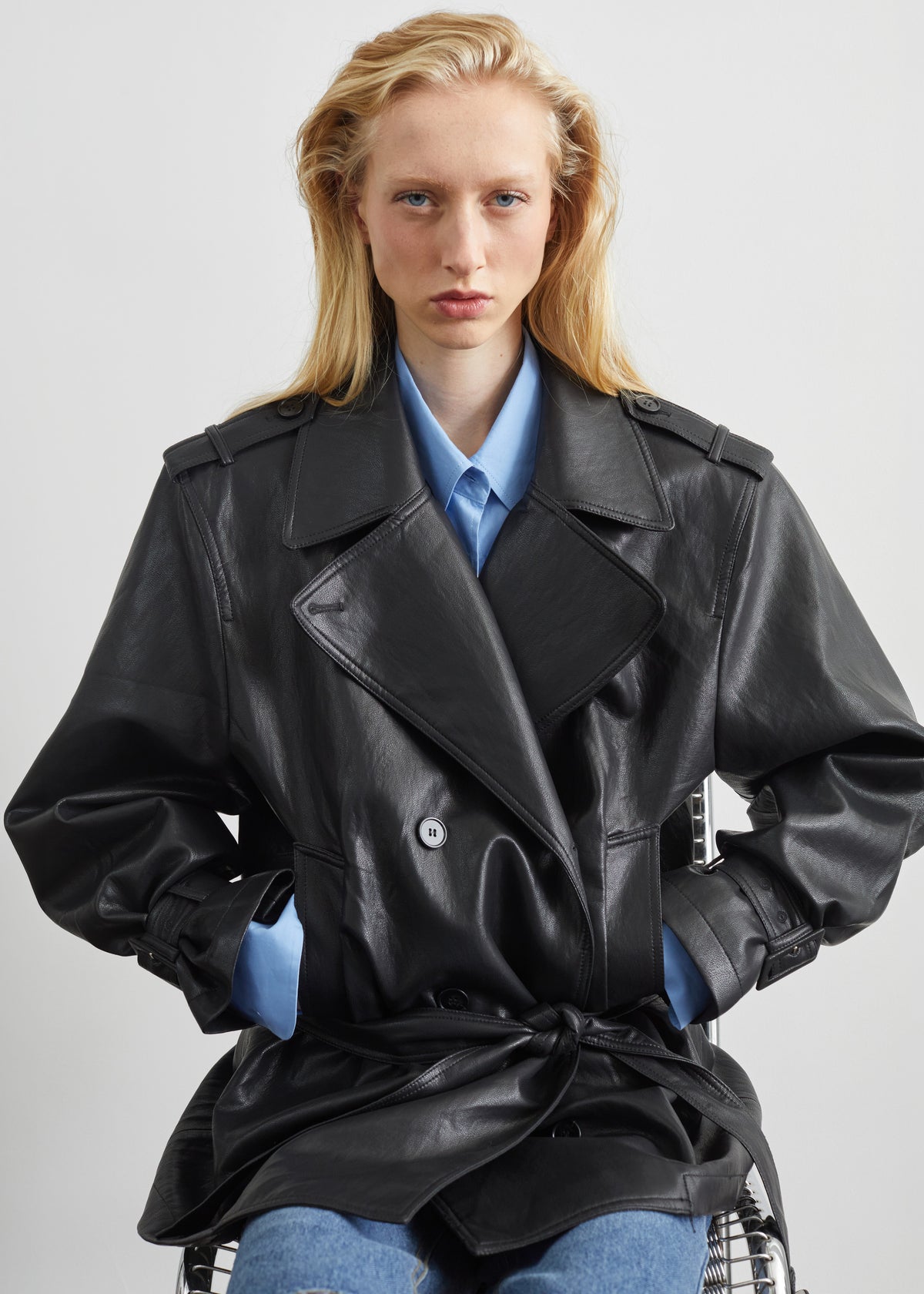 Limay Faux Leather Short Trench - Black