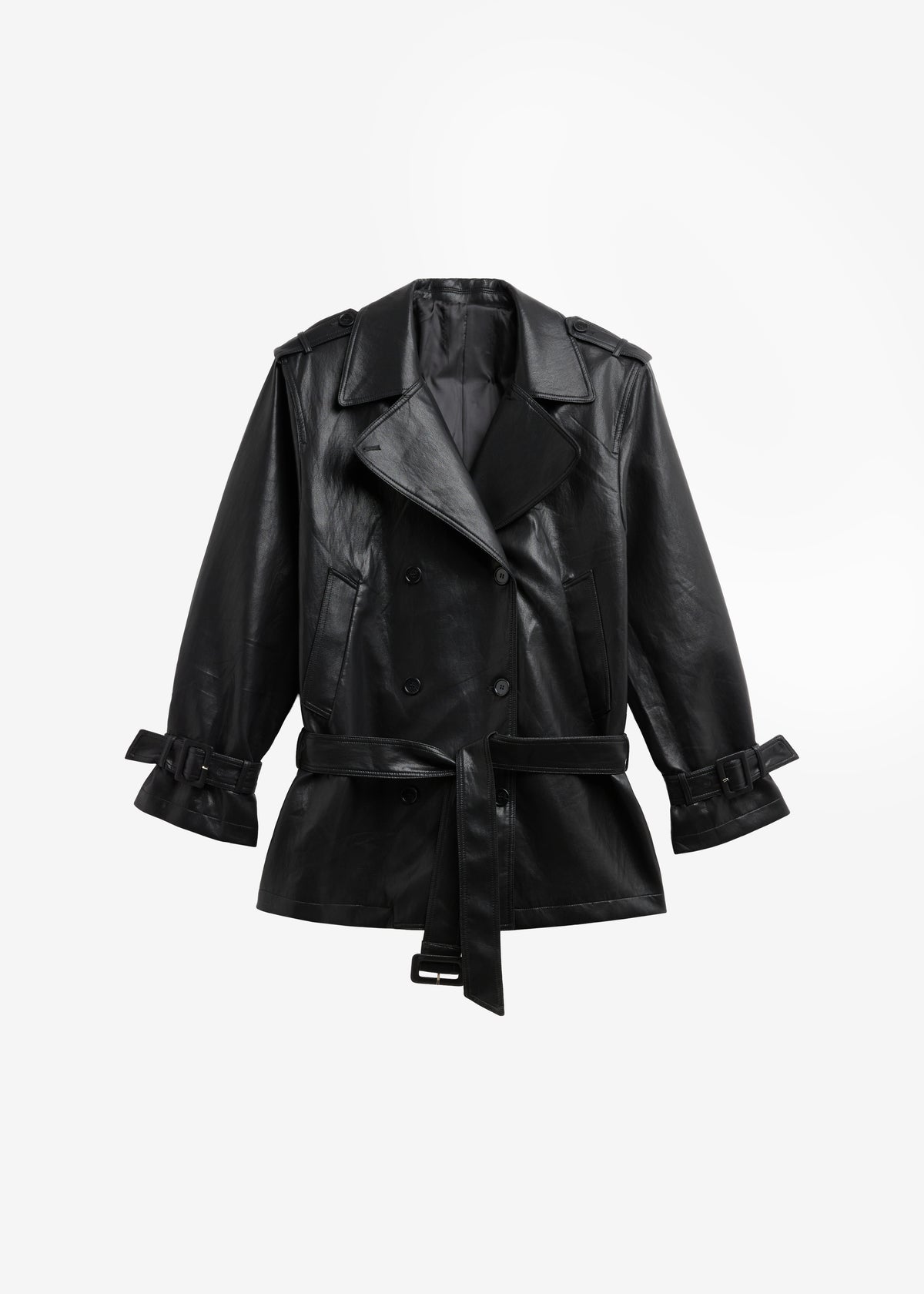 Limay Faux Leather Short Trench - Black