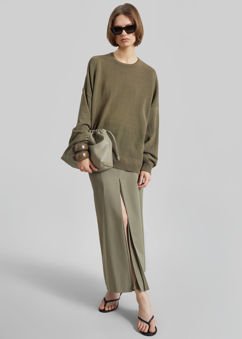 Lisle Front Slit Pencil Skirt - Pale Olive - 1
