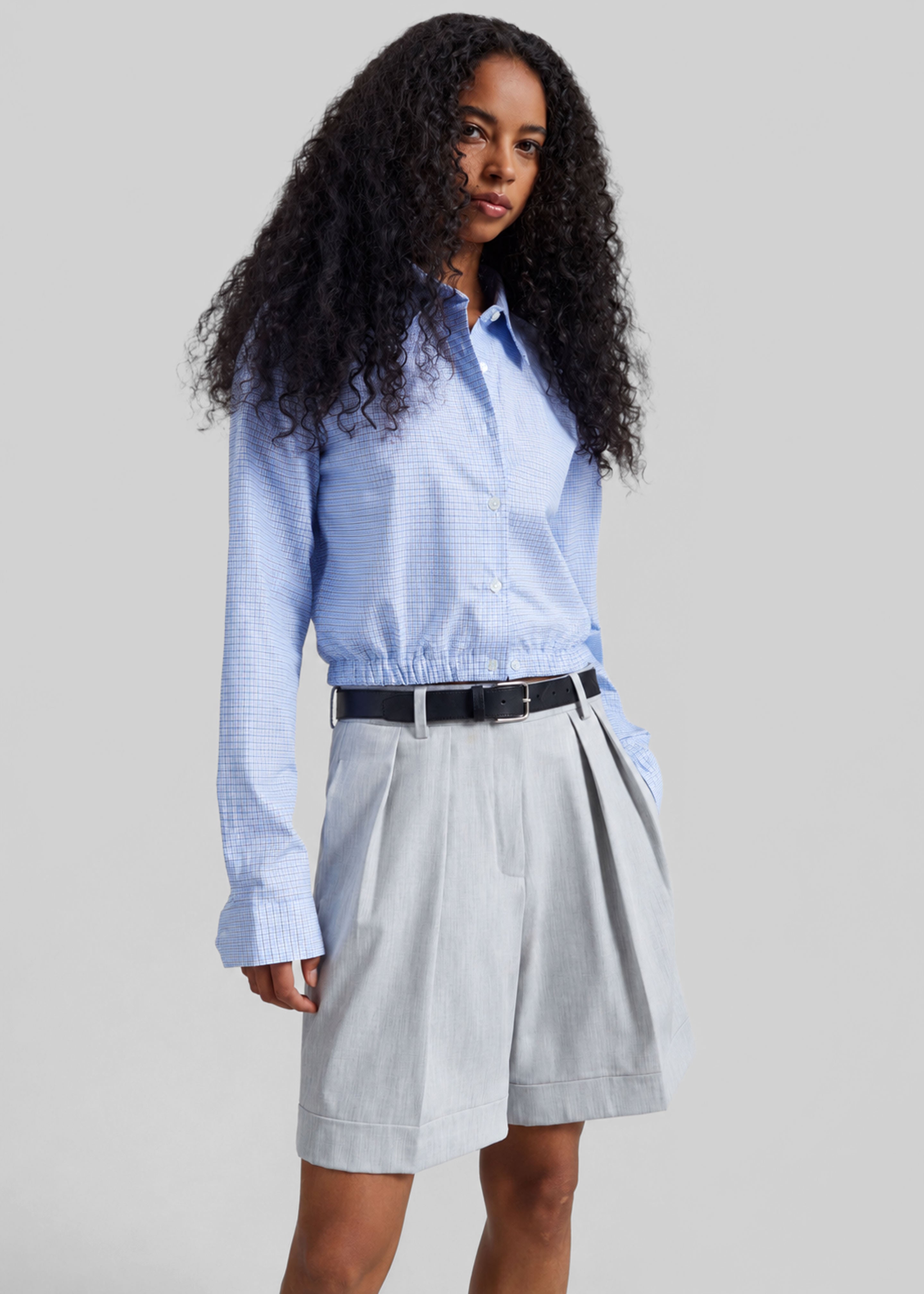 Lison Cropped Shirt - Checked Blue - 3