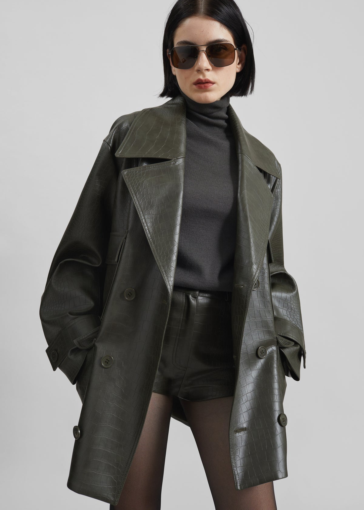 Loen Faux Leather Croc Hot Pants - Dark Olive - 6