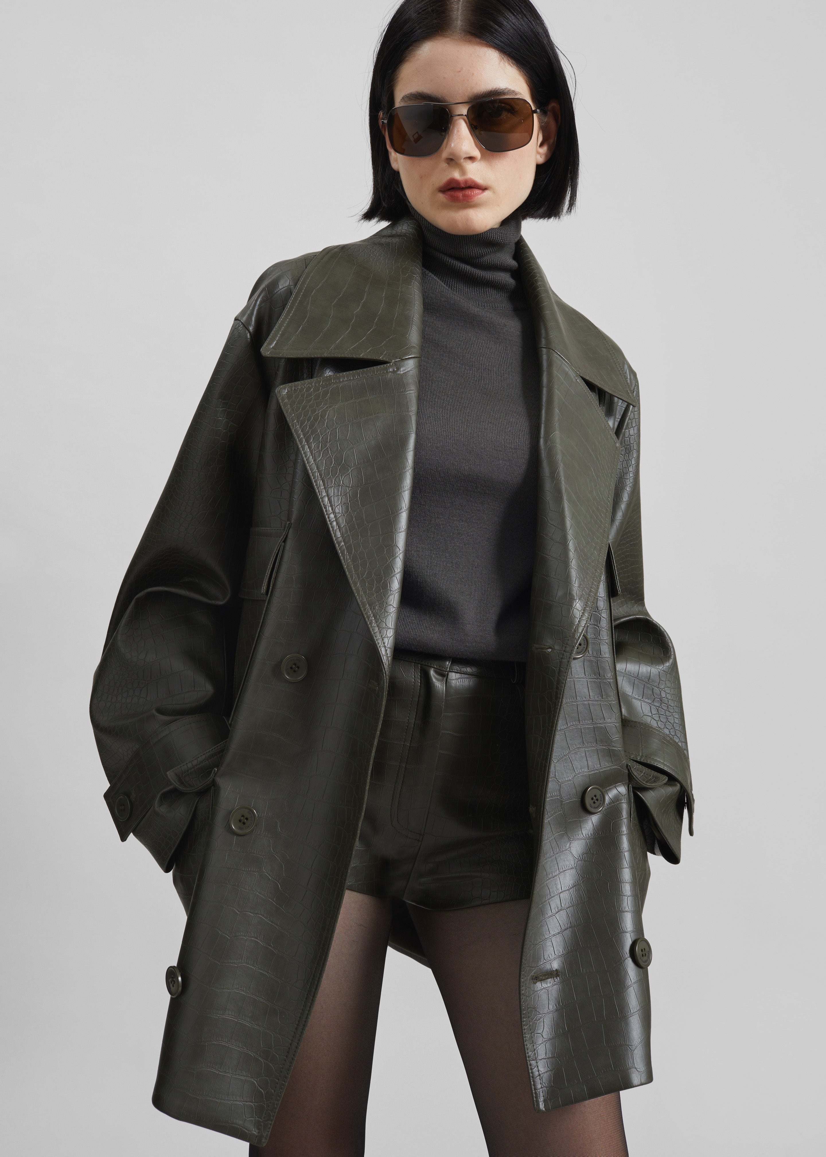 Loen Faux Leather Croc Hot Pants - Dark Olive - 6