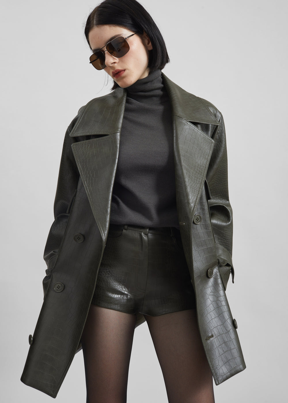 Loen Faux Leather Croc Hot Pants - Dark Olive