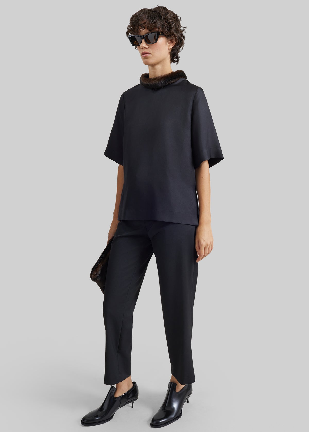 Loulou de Saison Dana Faux Fur Collar Top - Black/Grizzly