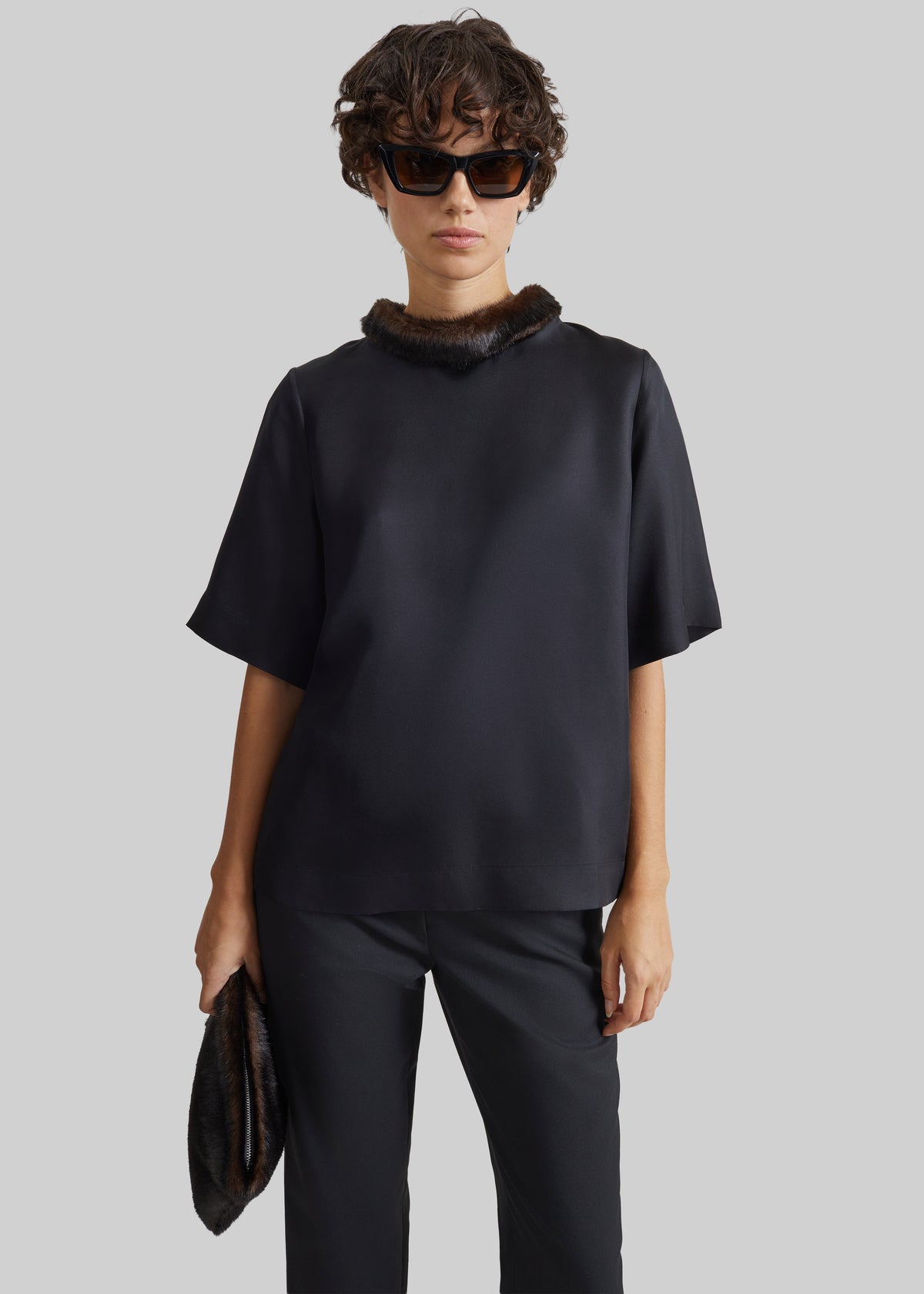 Loulou de Saison Dana Faux Fur Collar Top - Black/Grizzly