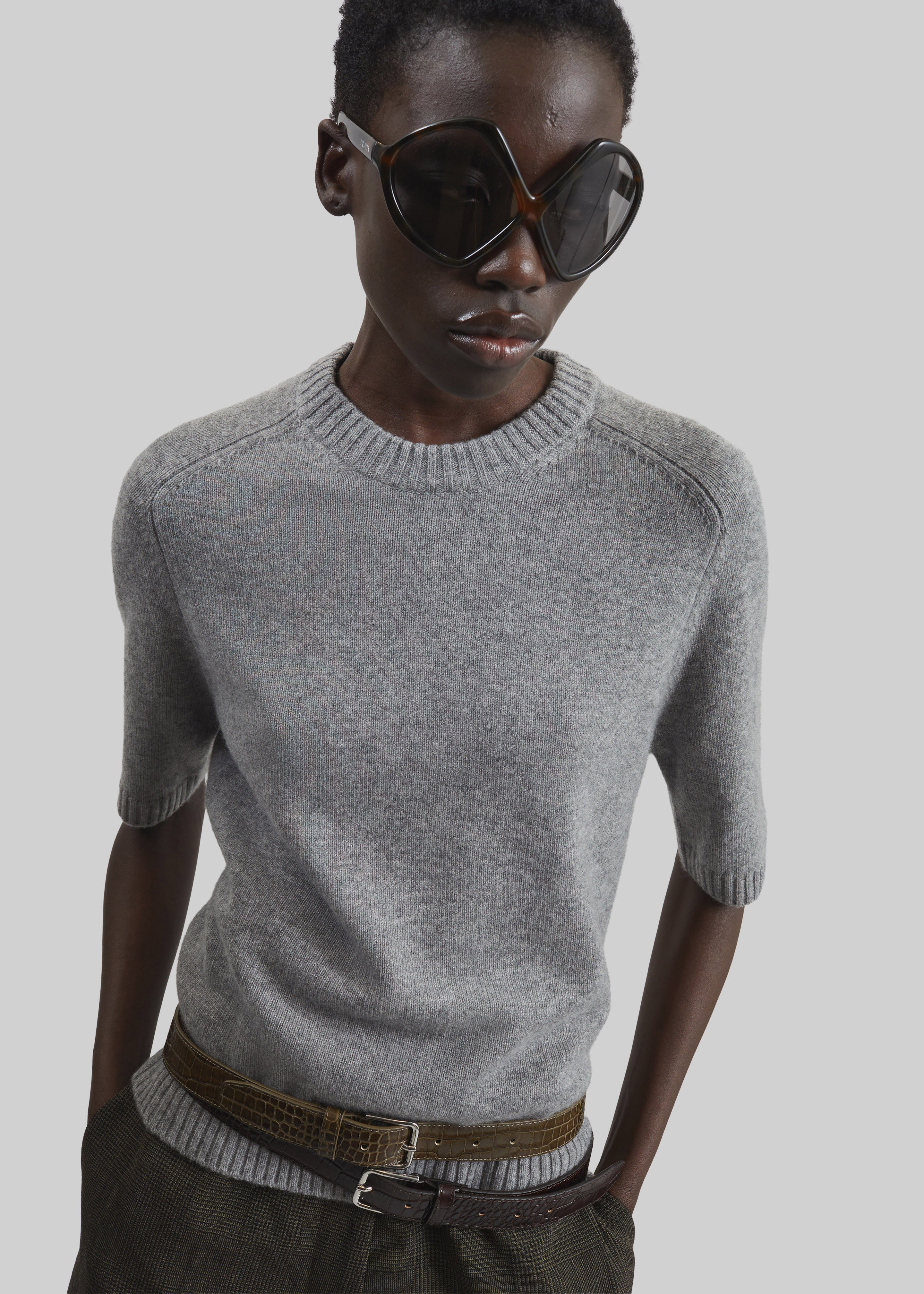 Loulou de Saison Dara Short-Sleeve Cashmere Top - Grey Melange - 3