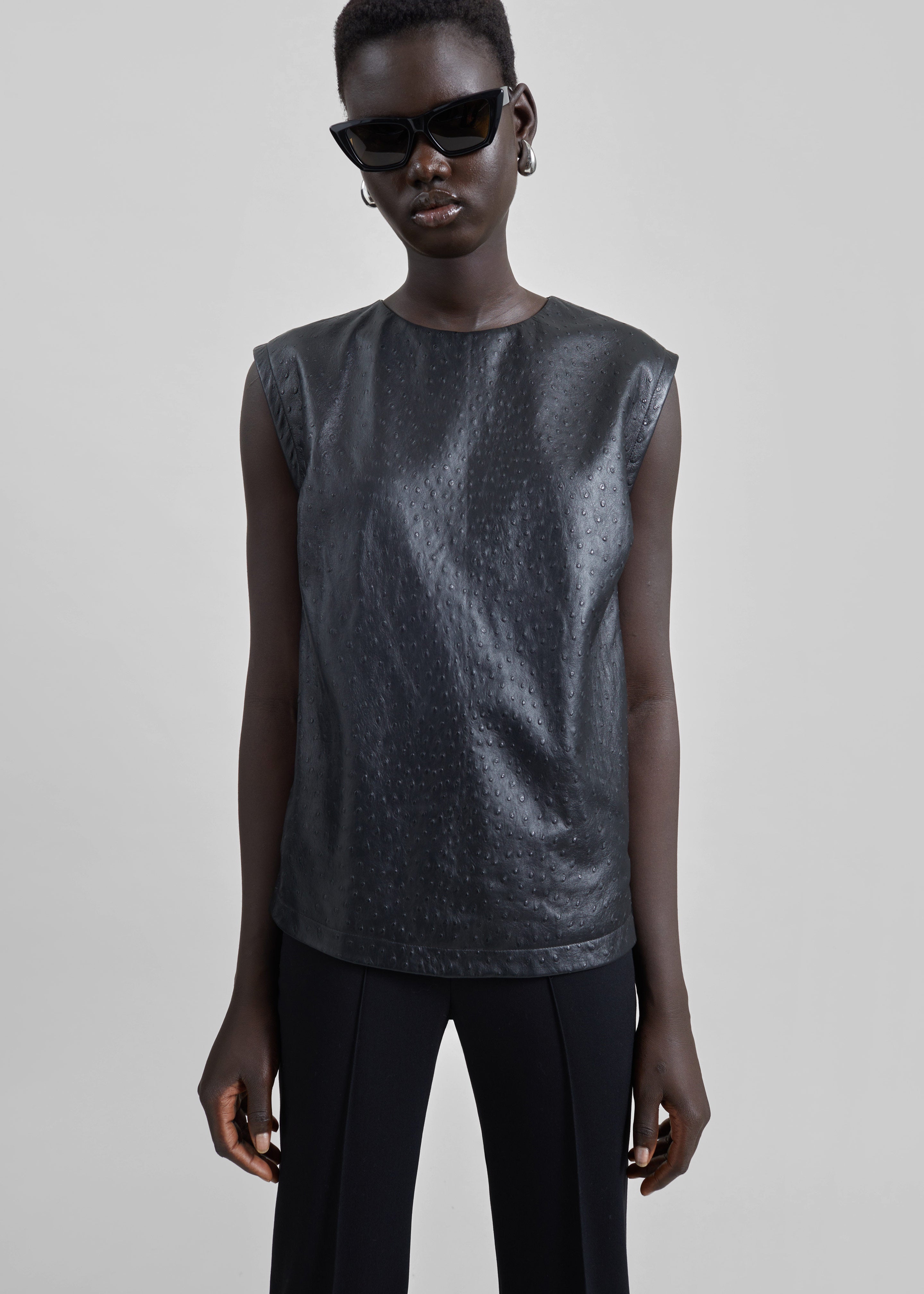 Loulou De Saison Fiza Ostrich-Effect Leather Top - Black - 1