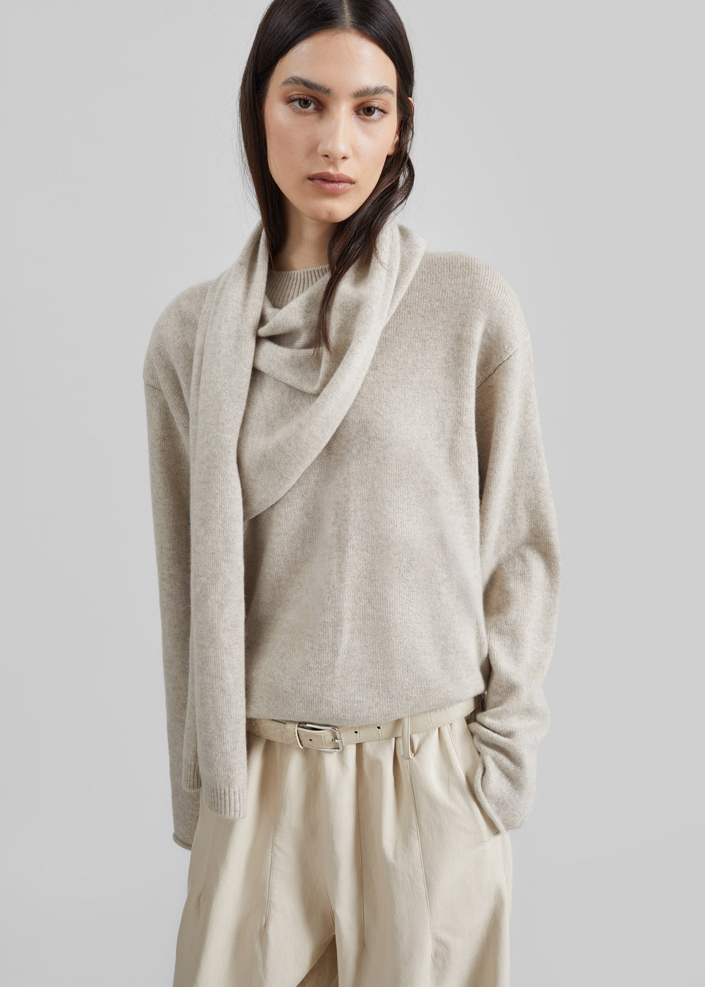 Loulou de Saison Frances Cashmere Scarf Sweater - Beige Melange - 1
