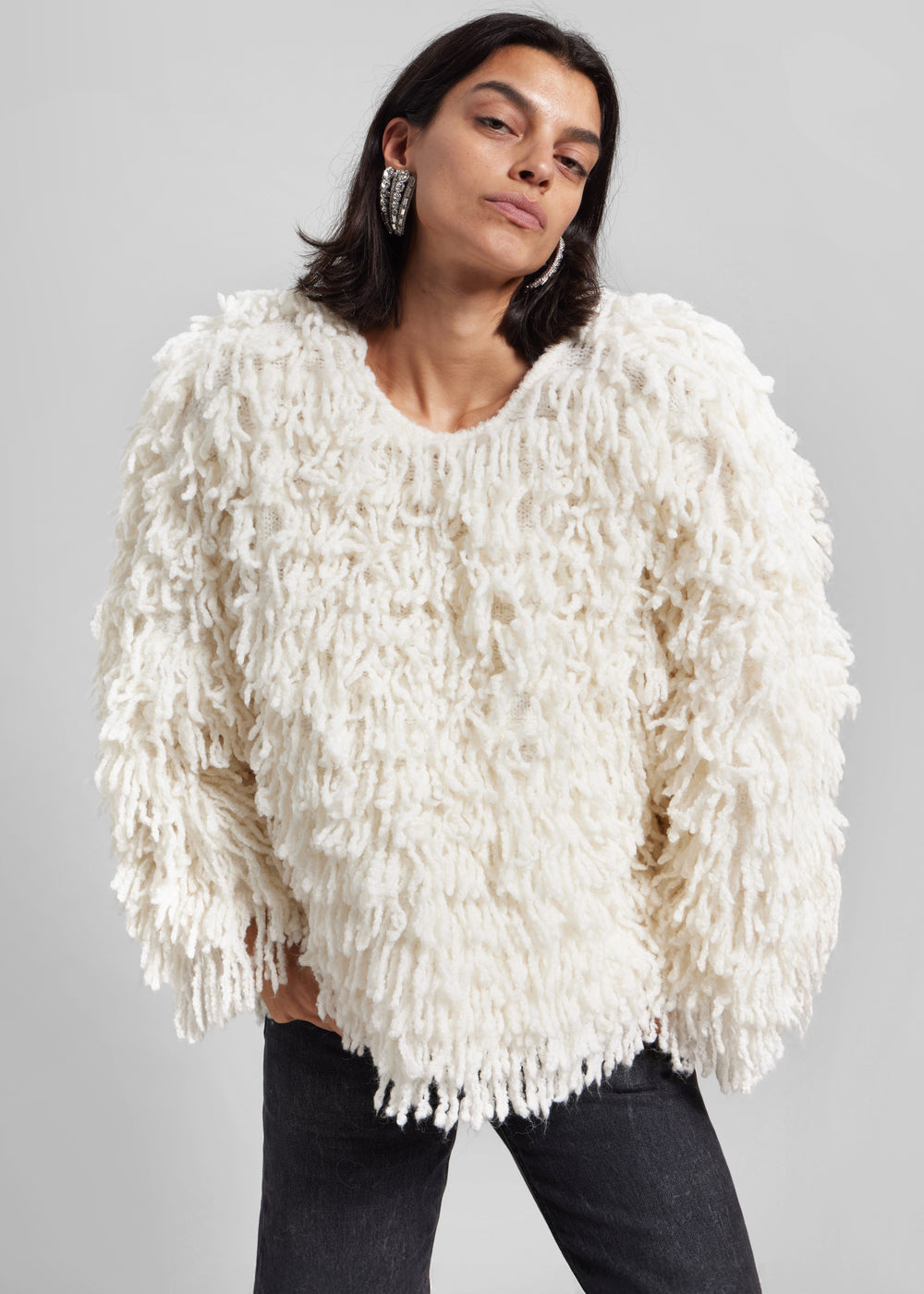 Loulou de Saison Gabin Alpaca Fringes Sweater - Ivory - 1