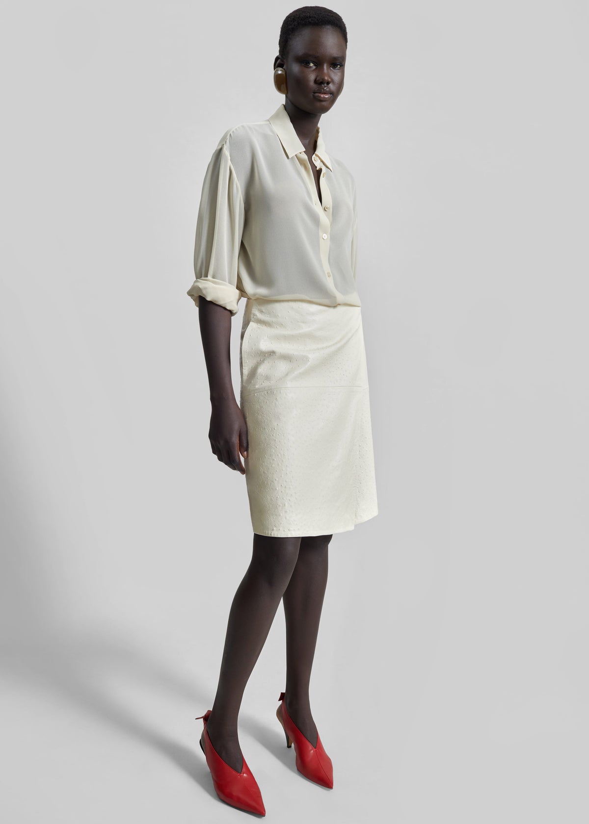 Loulou De Saison Gora Ostrich-Effect Leather Wrap Skirt  - Ivory - 5