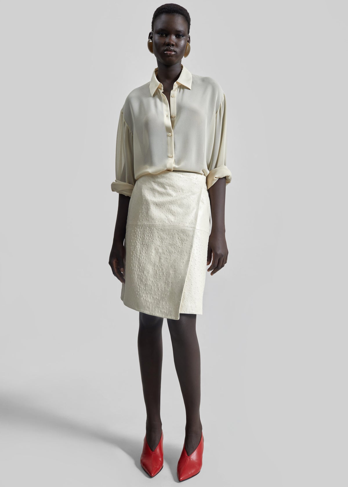 Loulou De Saison Gora Ostrich-Effect Leather Wrap Skirt  - Ivory - 7