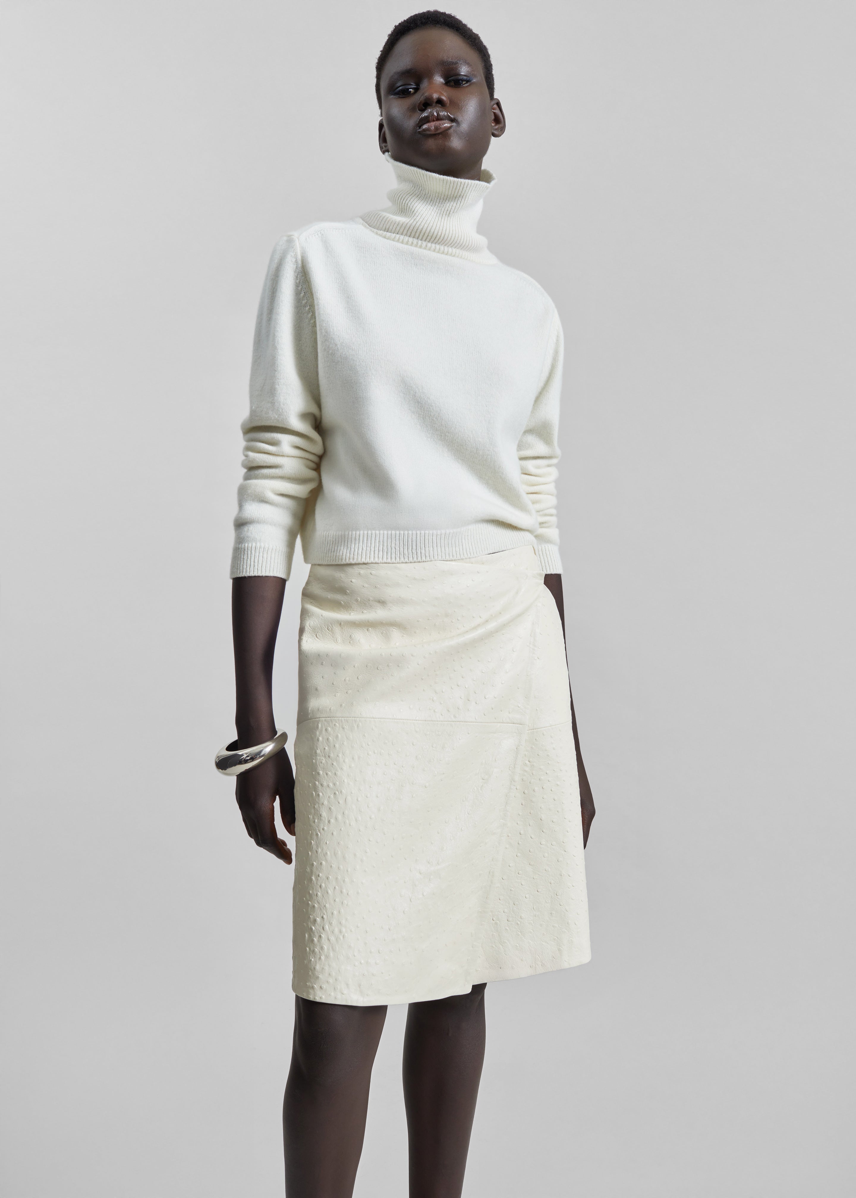 Loulou De Saison Gora Ostrich-Effect Leather Wrap Skirt  - Ivory - 2
