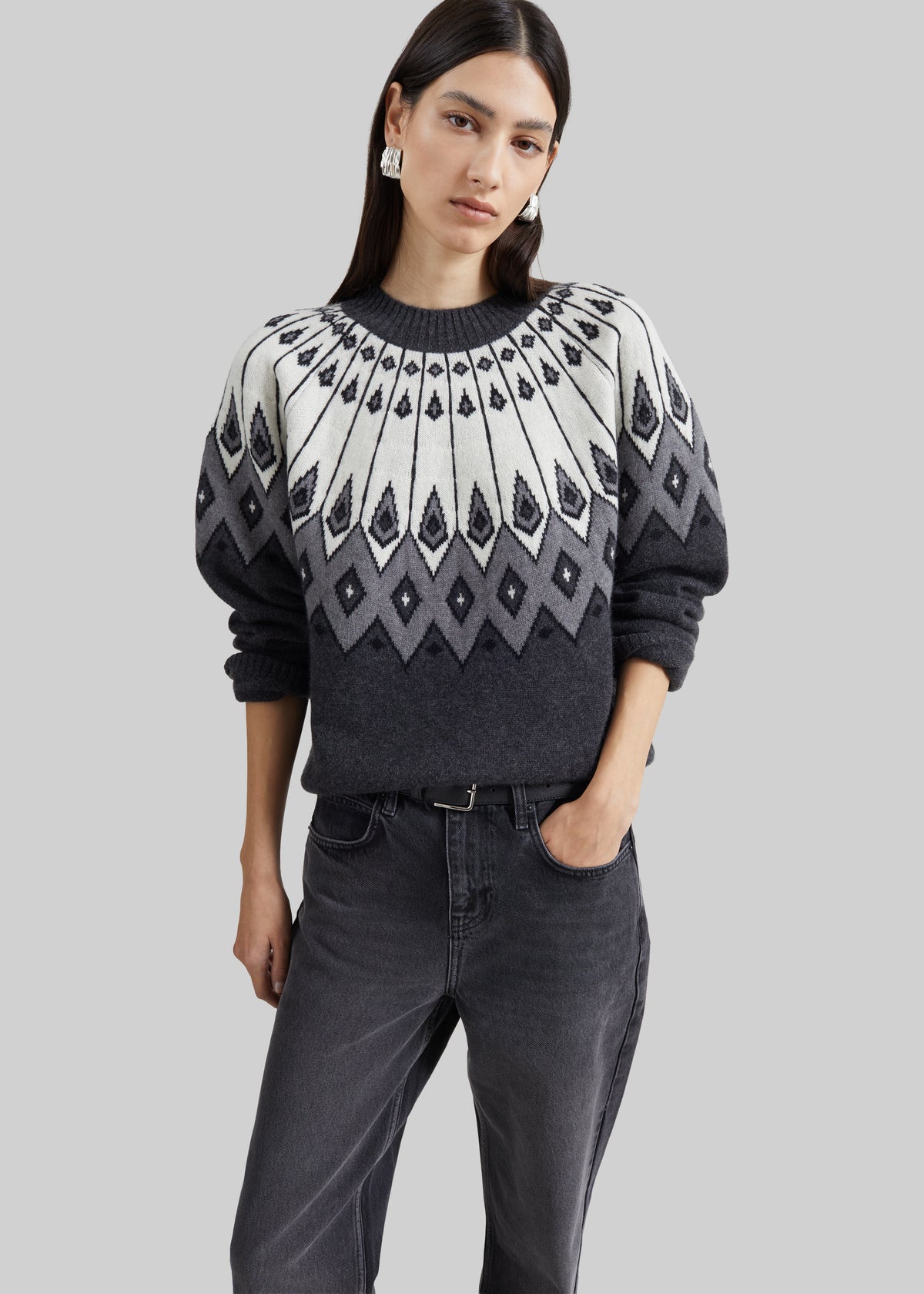 Loulou de Saison Hans Raglan Crewneck Sweater - Grey/Ivory/Black