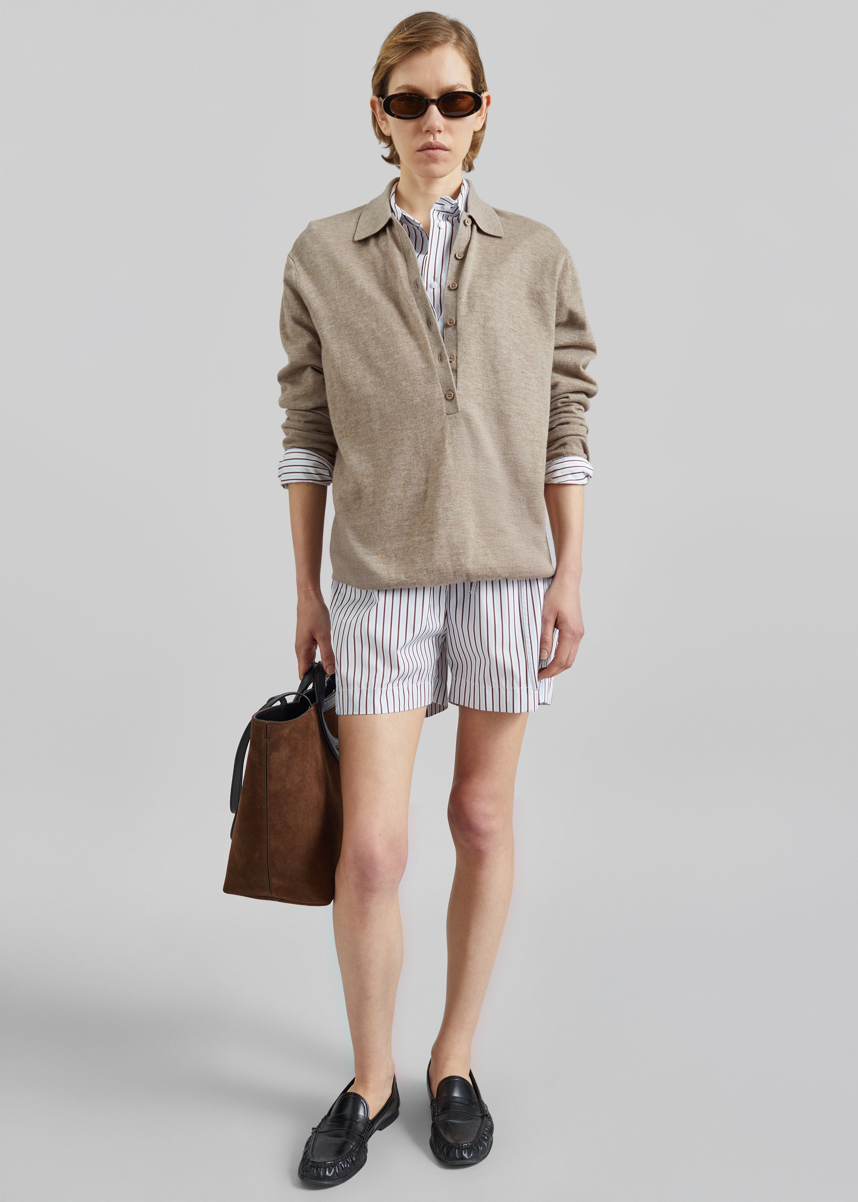 Loulou de Saison Lory Striped Cotton Shorts - Dark Red/Light Blue - 1