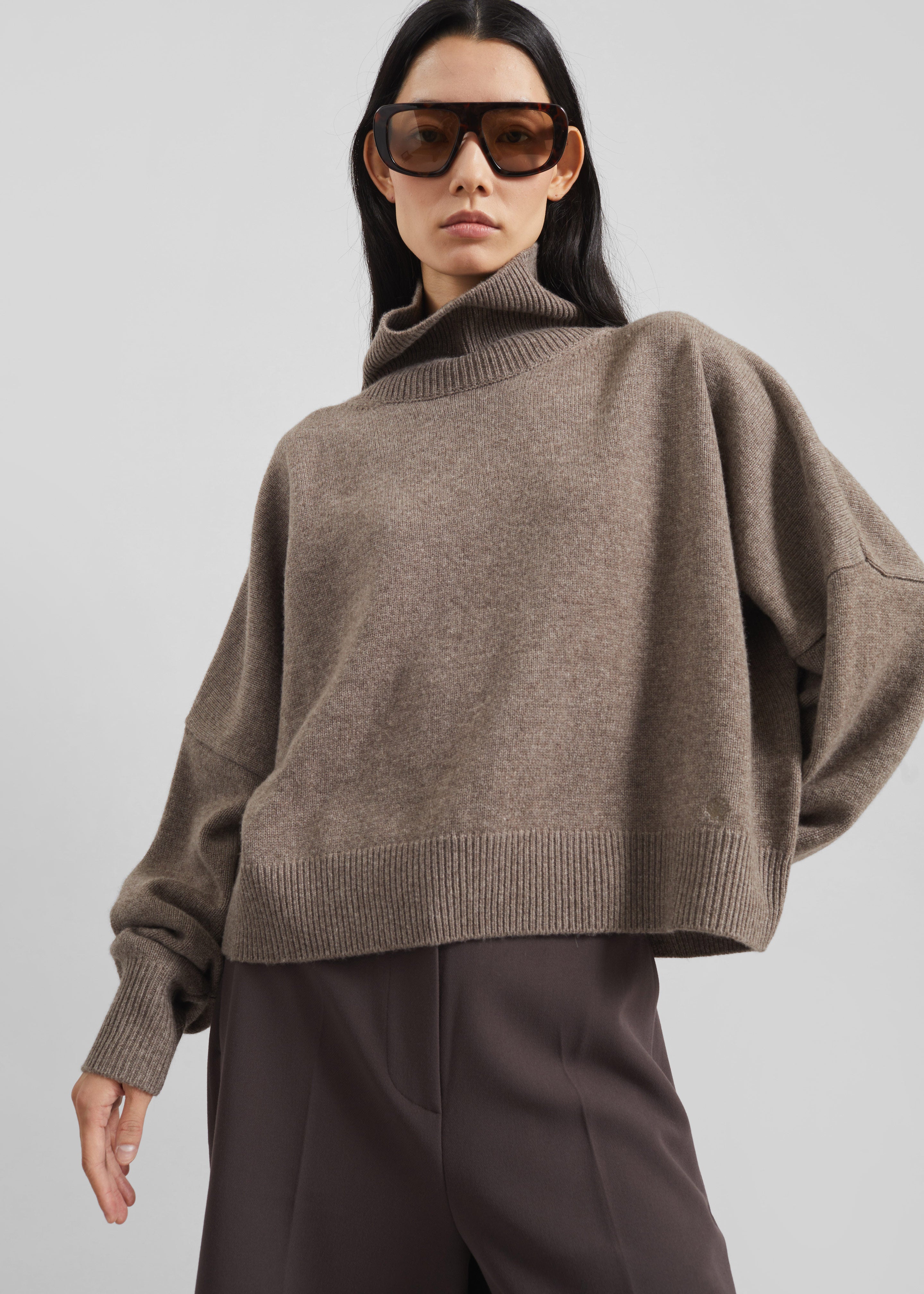 Loulou de Saison Luke Stand Collar Wool Sweater - Taupe Melange - 5