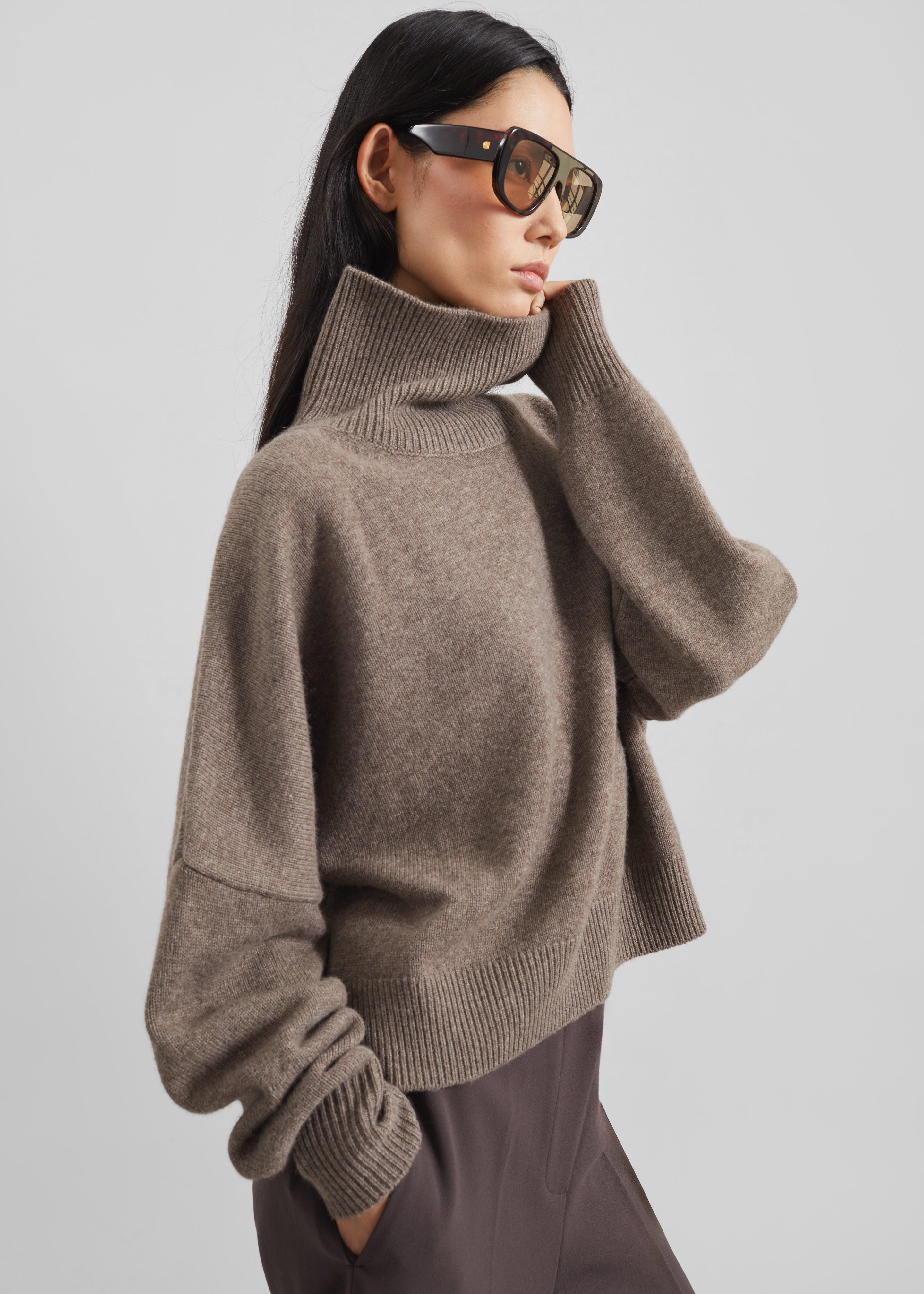 Loulou de Saison Luke Stand Collar Wool Sweater - Taupe Melange - 2