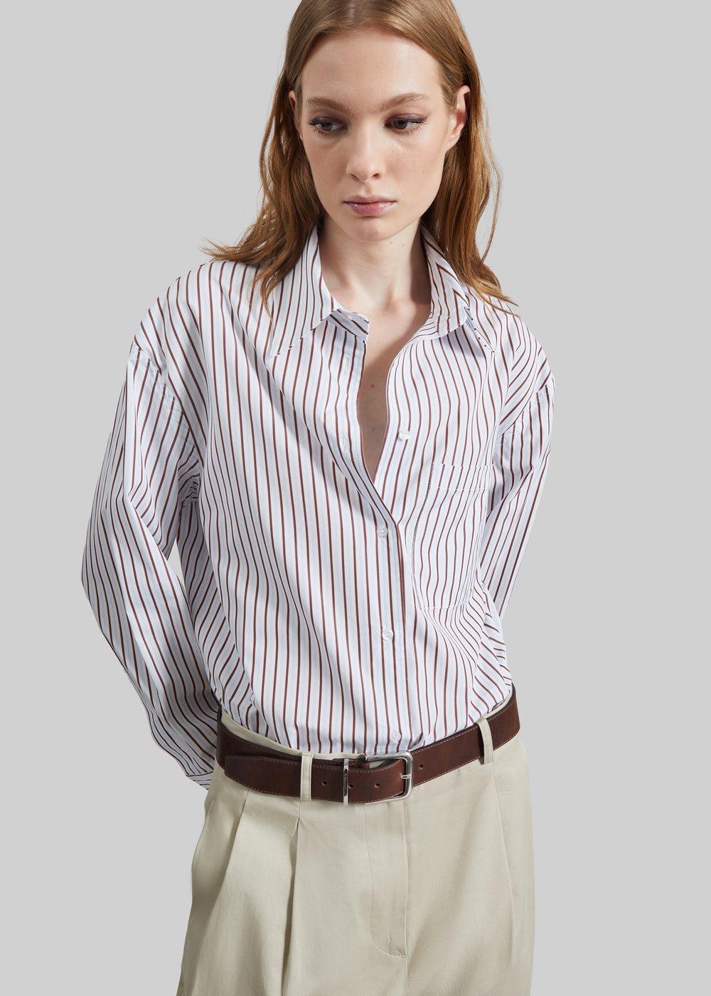 Loulou de Saison Maud Oversized Cotton Poplin Shirt - Dark Red/Light Blue