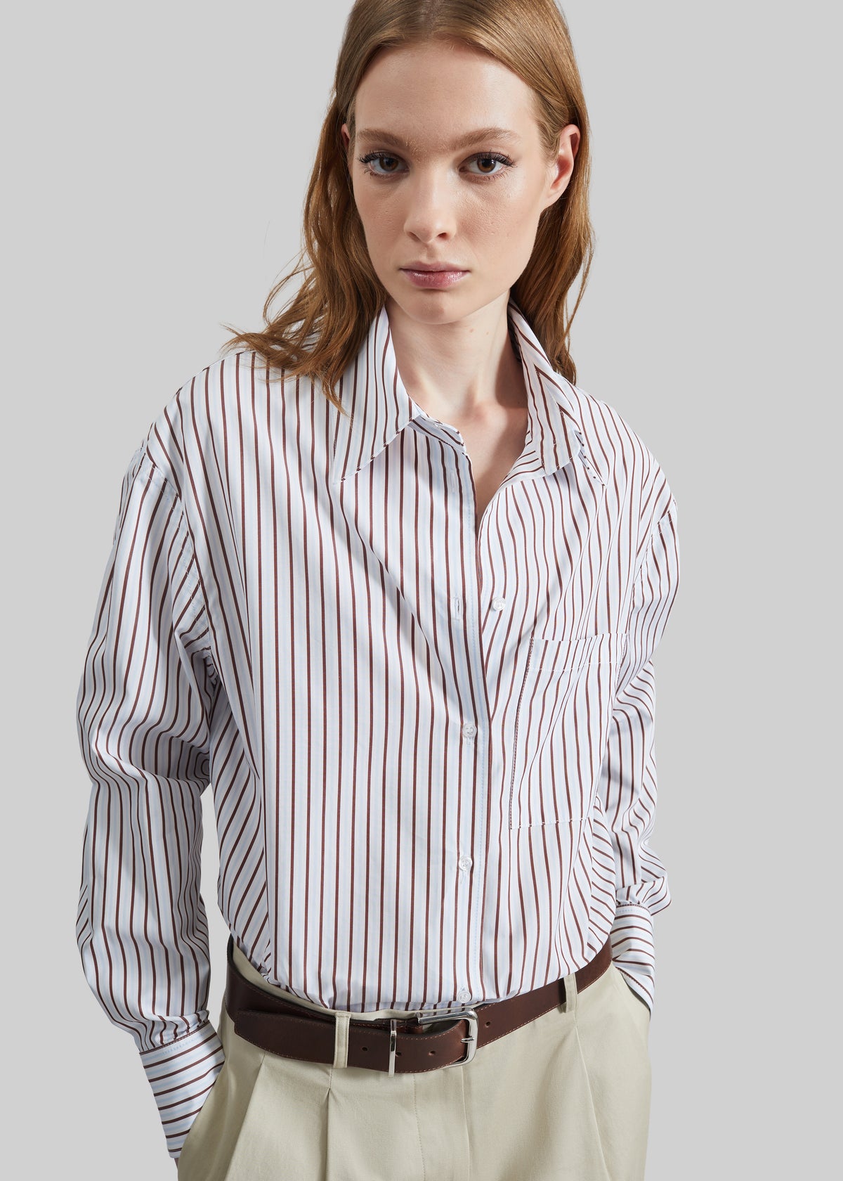 Loulou de Saison Maud Oversized Cotton Poplin Shirt - Dark Red/Light Blue - 4
