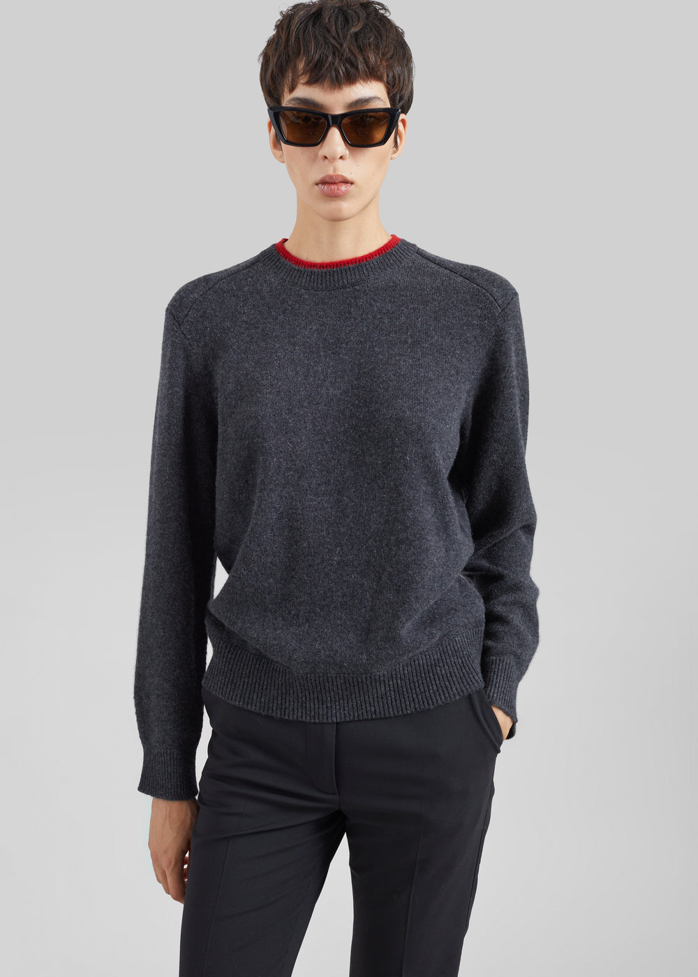 Loulou de Saison Otis Contrast Collar Sweater - Charcoal/Red - 1
