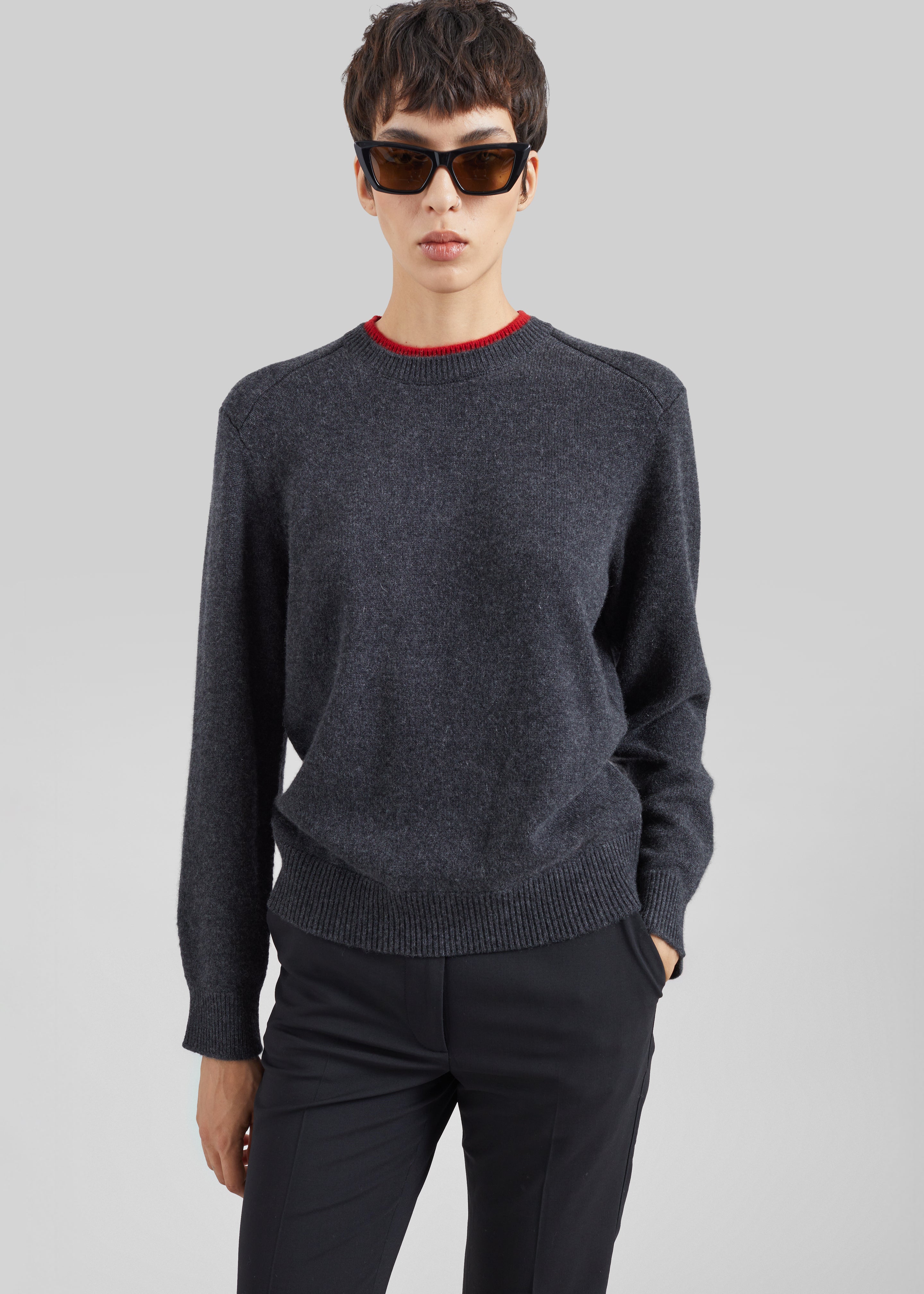 Loulou de Saison Otis Contrast Collar Sweater - Charcoal/Red - 2