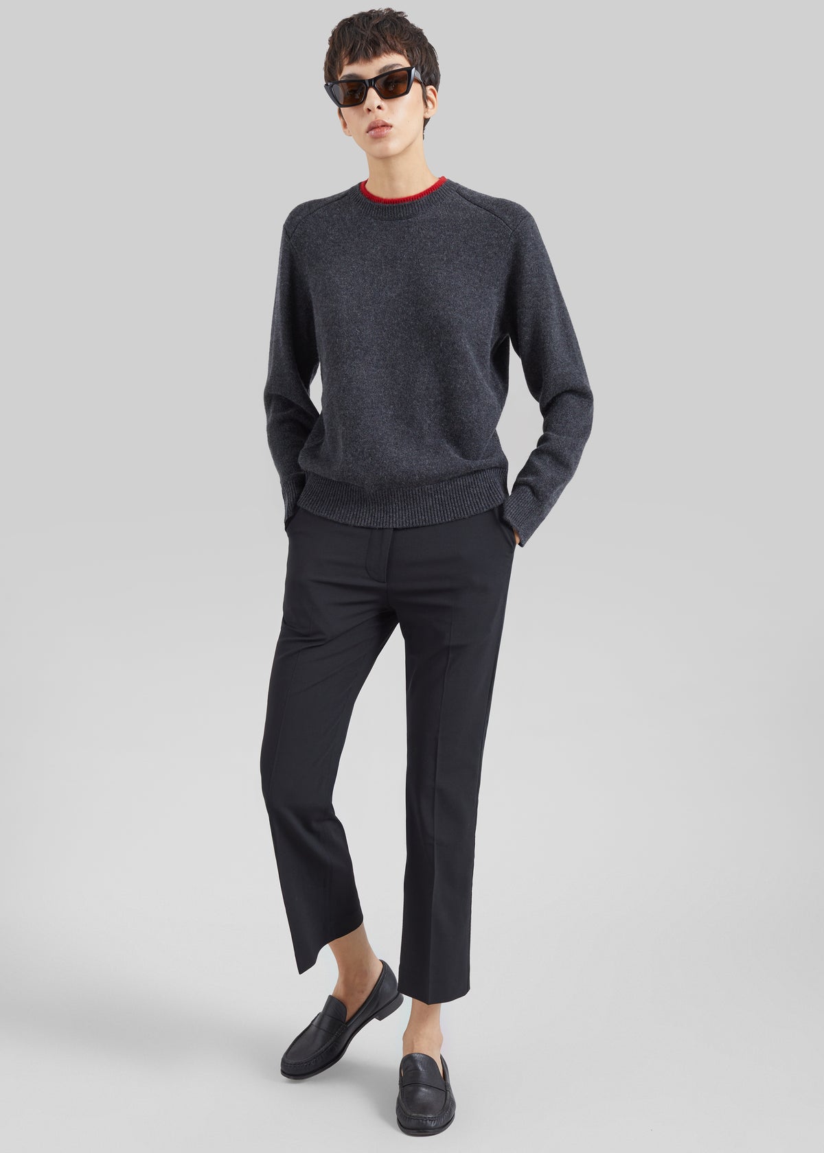 Loulou de Saison Otis Contrast Collar Sweater - Charcoal/Red - 3