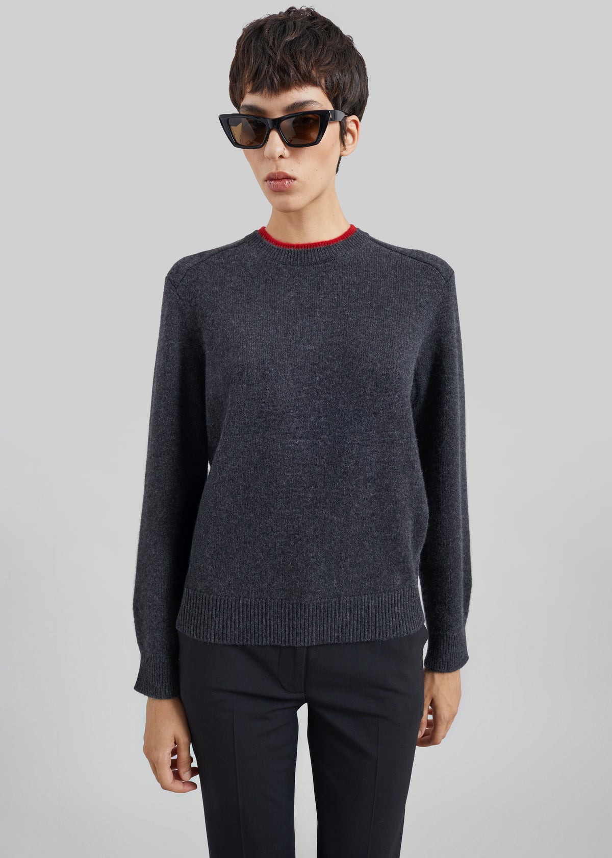 Loulou de Saison Otis Contrast Collar Sweater - Charcoal/Red - 4