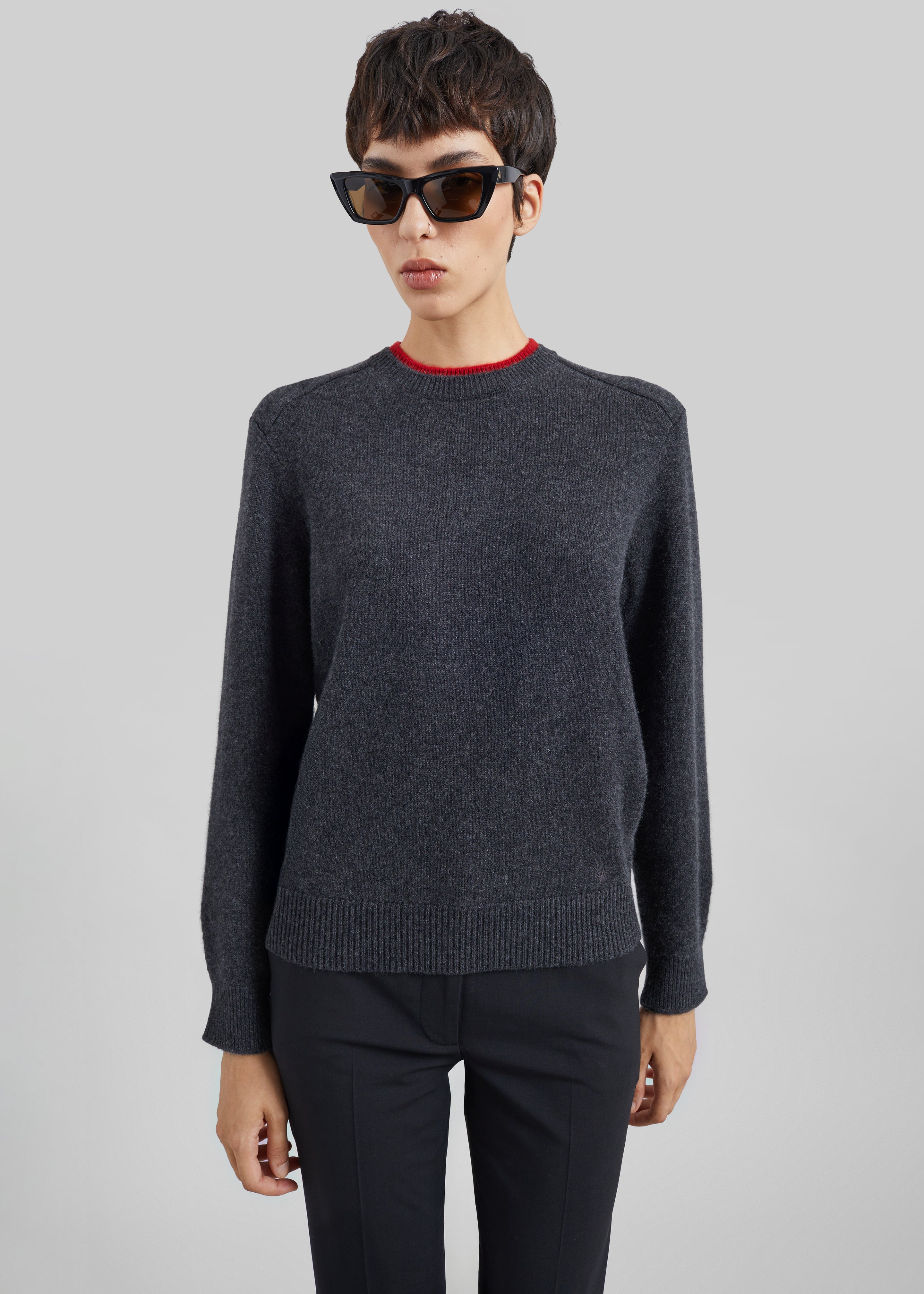 Loulou de Saison Otis Contrast Collar Sweater - Charcoal/Red - 4
