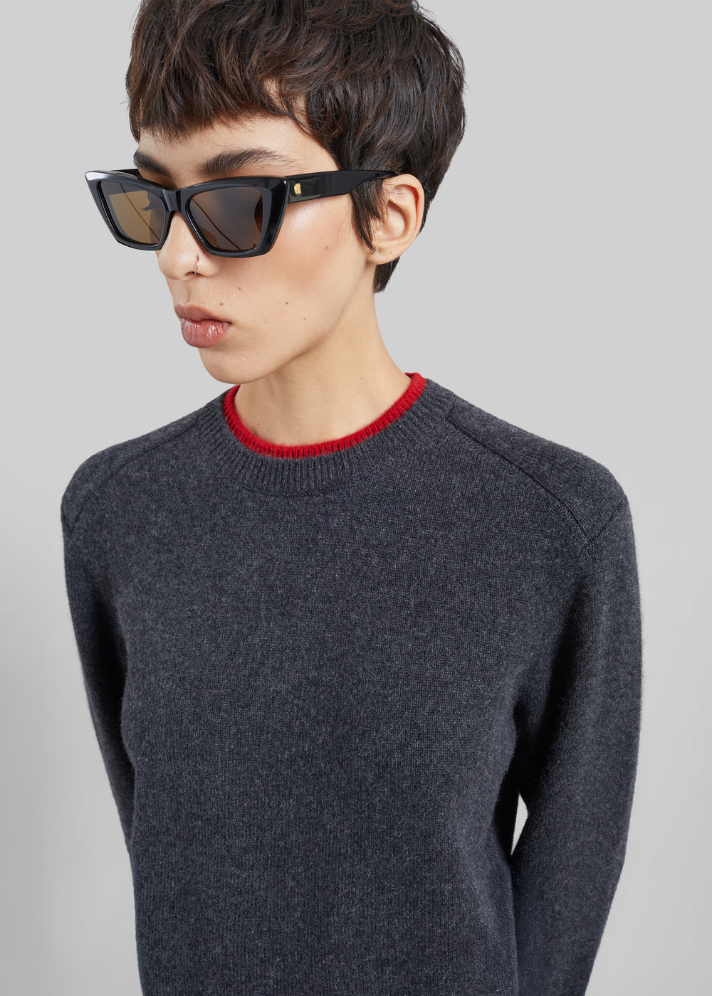 Loulou de Saison Otis Contrast Collar Sweater - Charcoal/Red