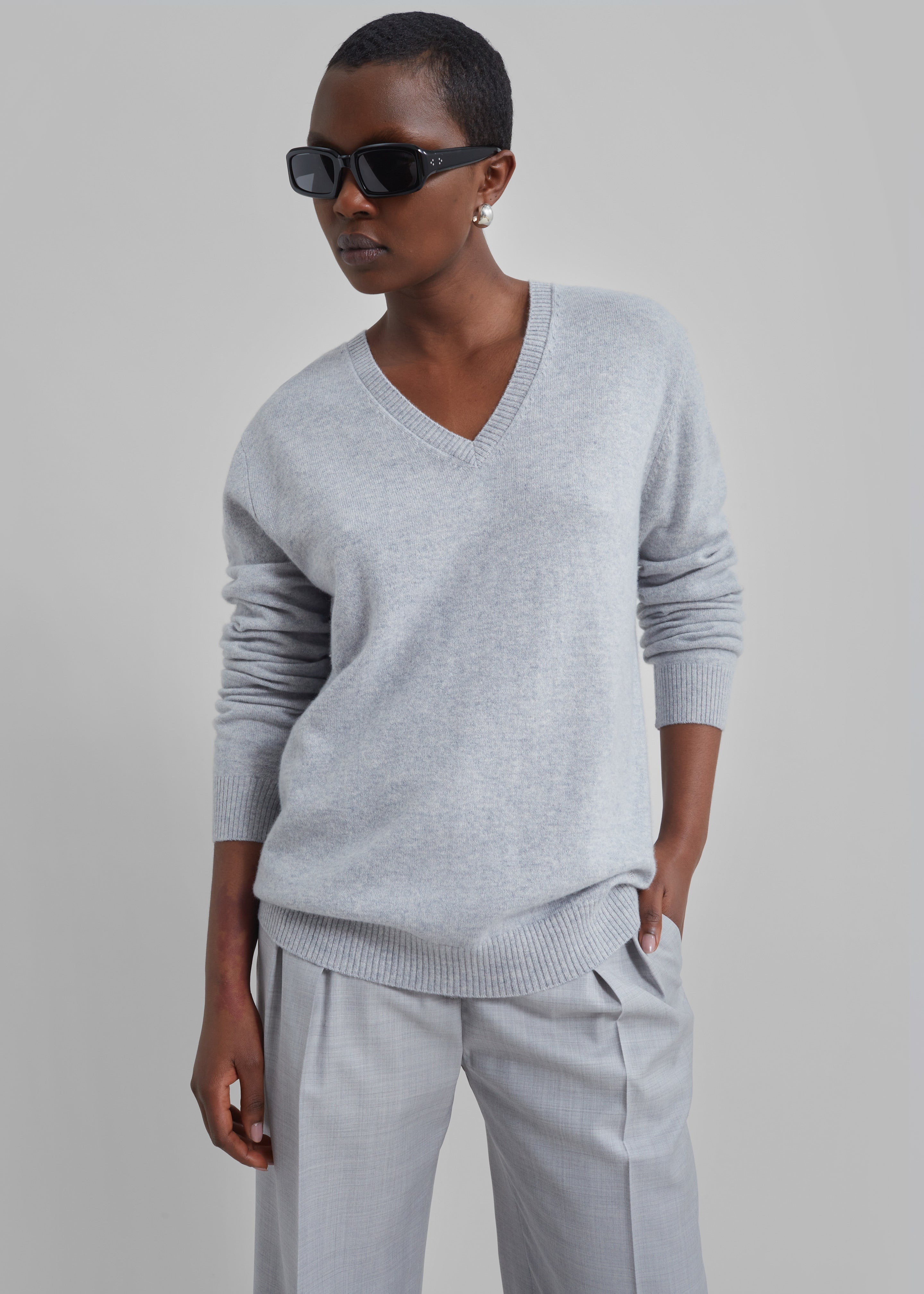 Loulou Studio Serafini V Neck Cashmere Sweater - Grey Melange - 5