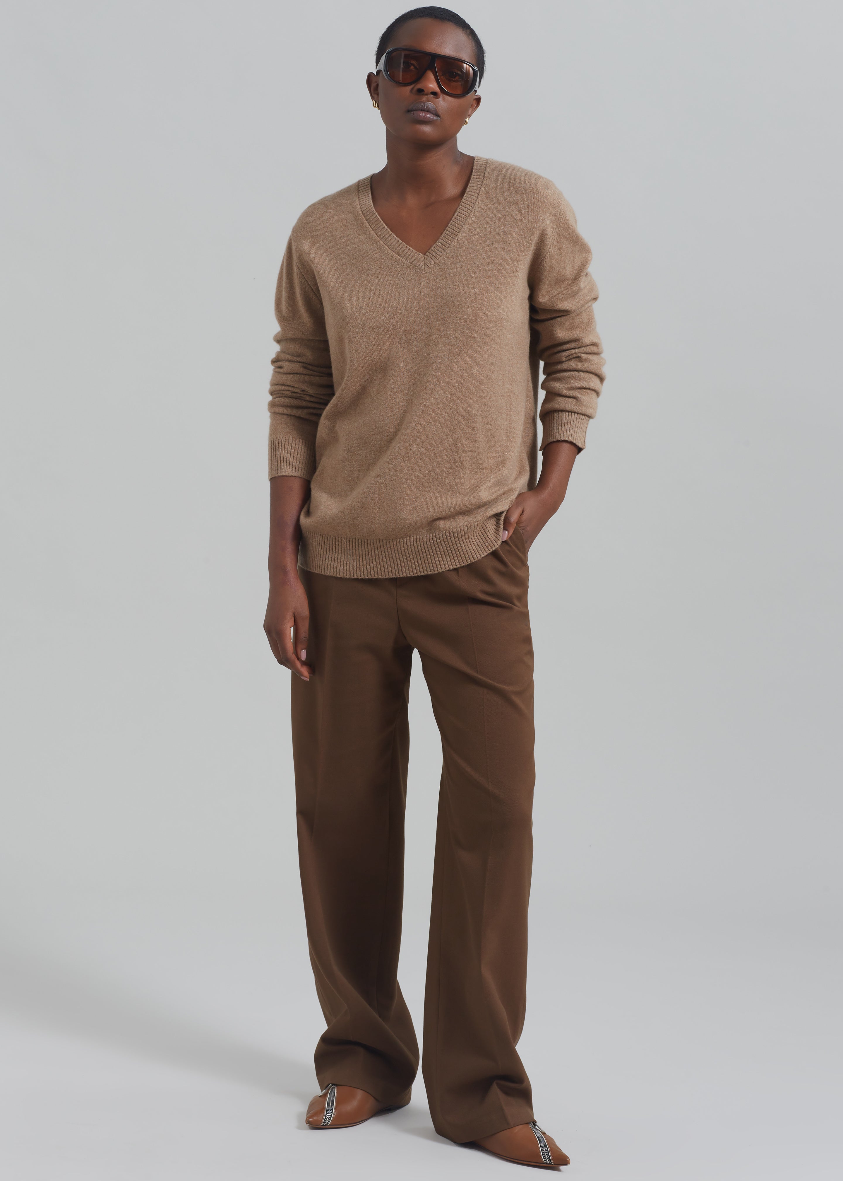 Loulou Studio Serafini V Neck Cashmere Sweater Sand Melange