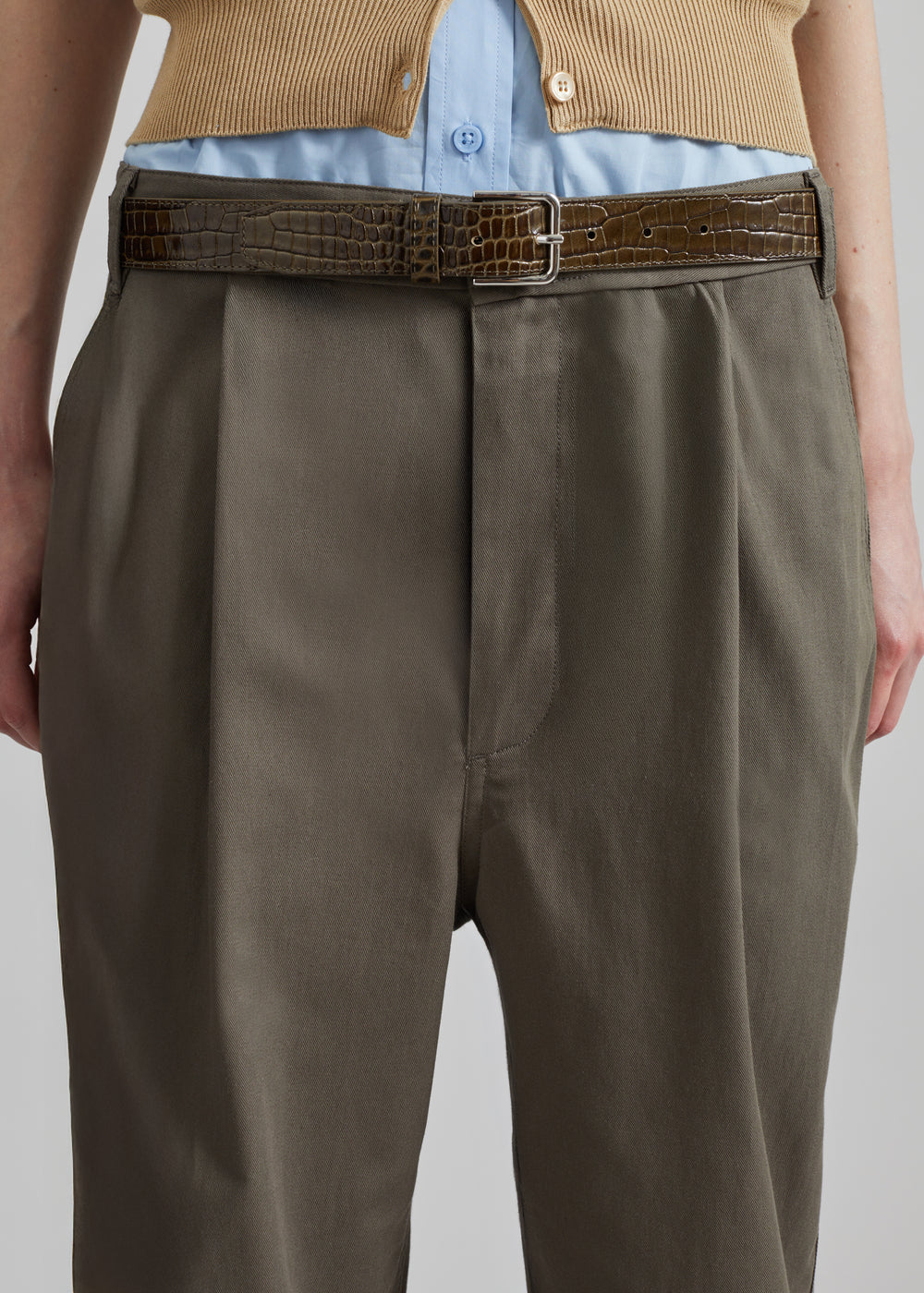 Low Classic Drawstring Washed Cotton Pants - Khaki - 1