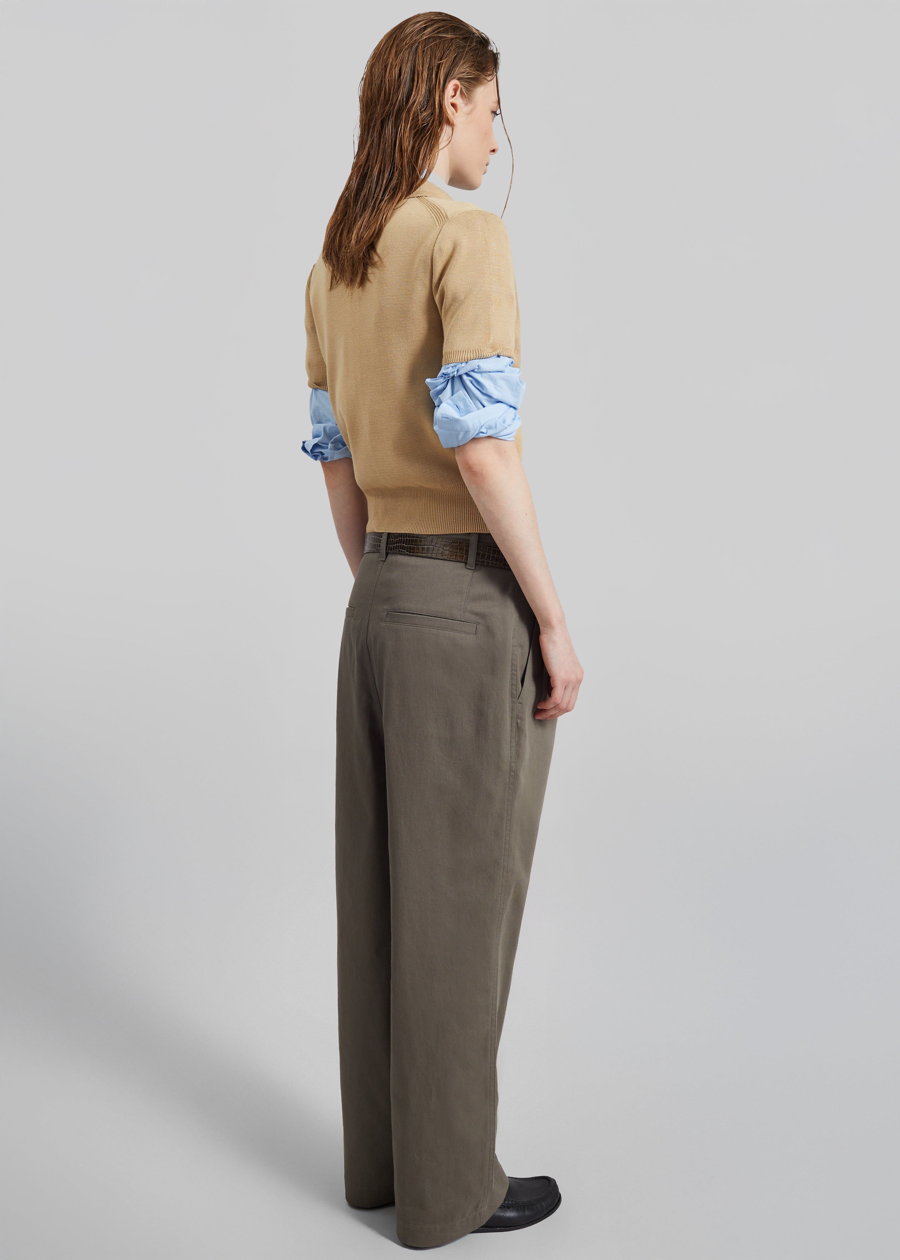 Low Classic Drawstring Washed Cotton Pants - Khaki - 5