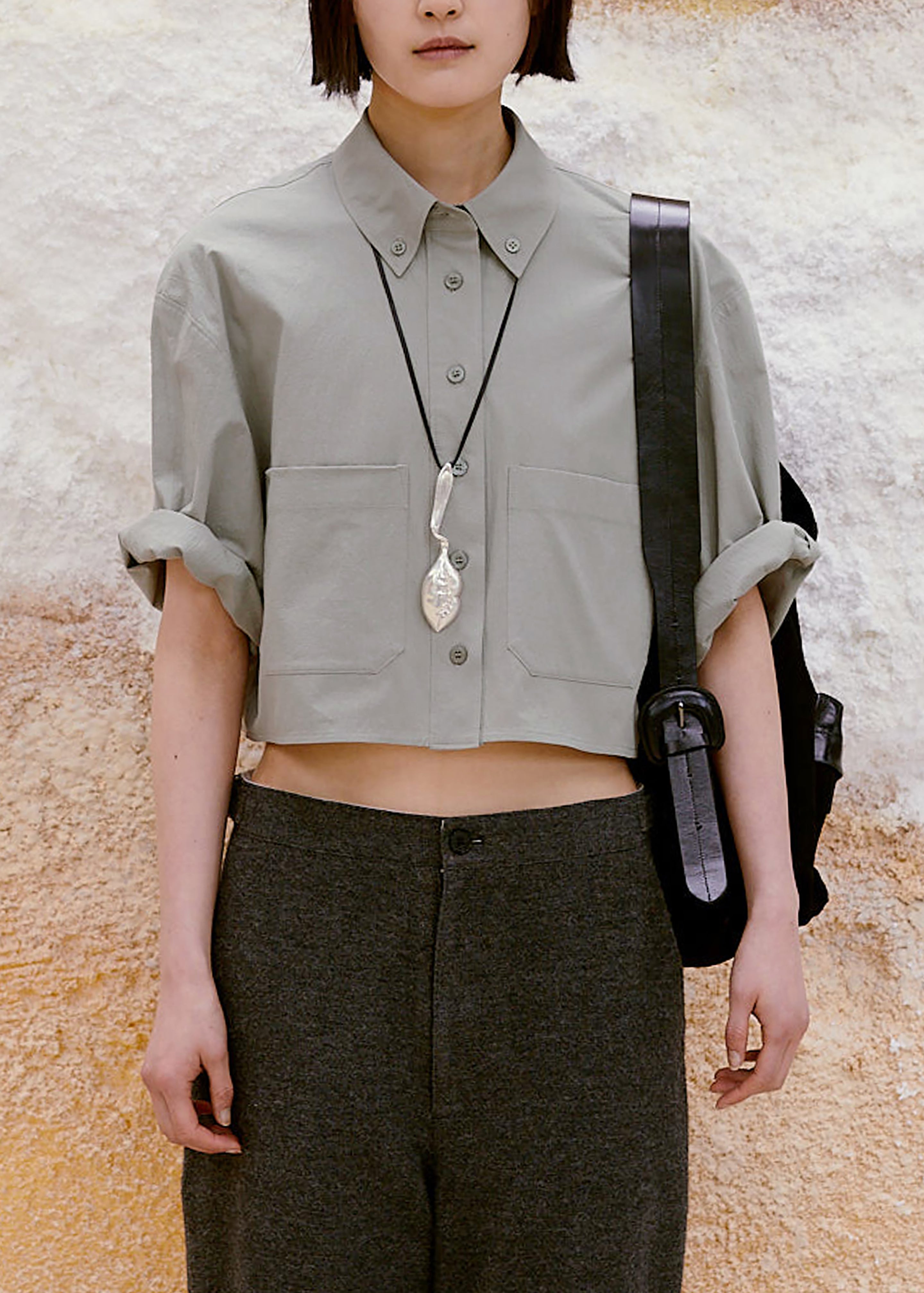 Low Classic Half Sleeve Cropped Shirt - Khaki Grey - 1