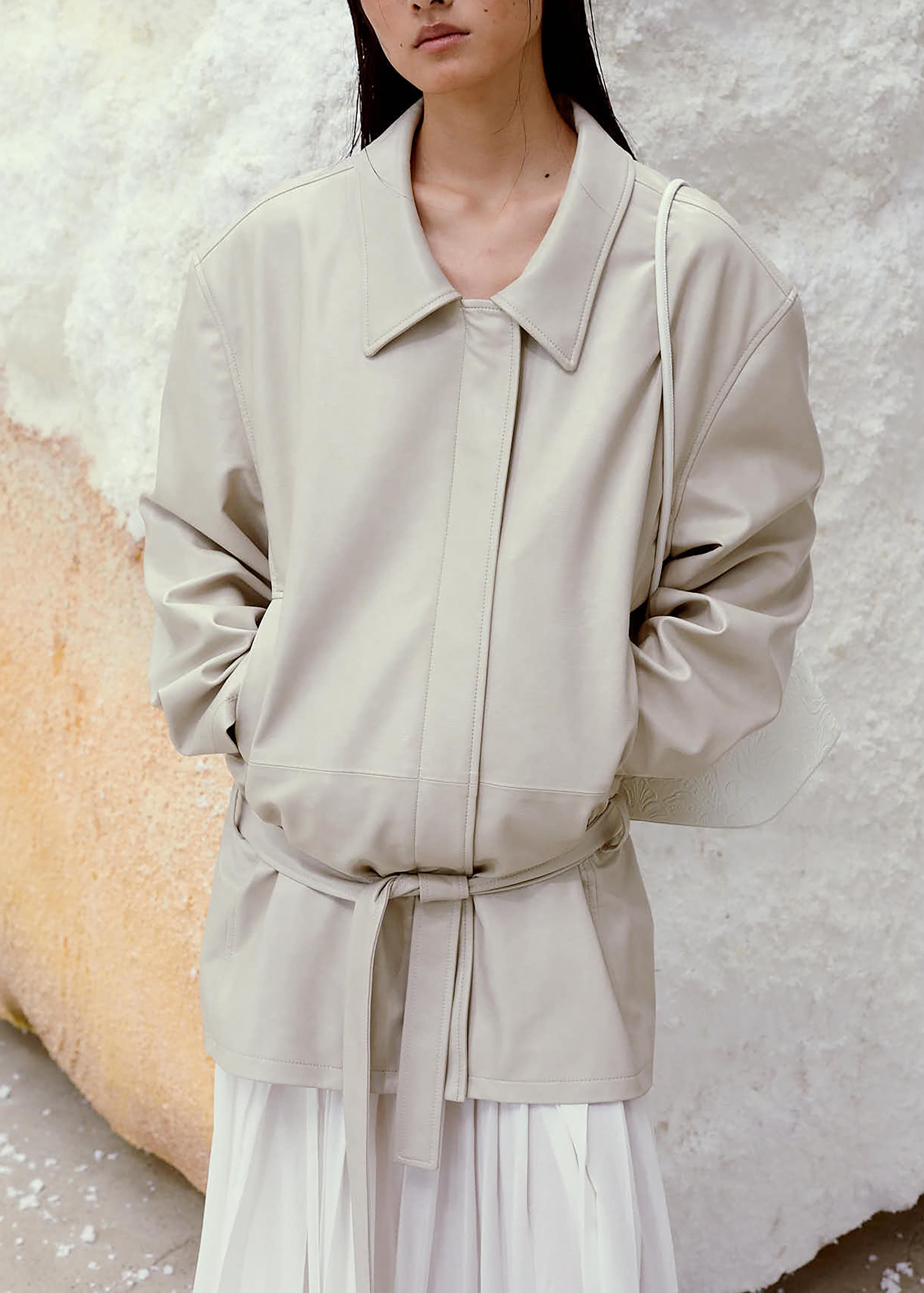 Low Classic Low Waist Artificial Leather Jacket - Beige - 5