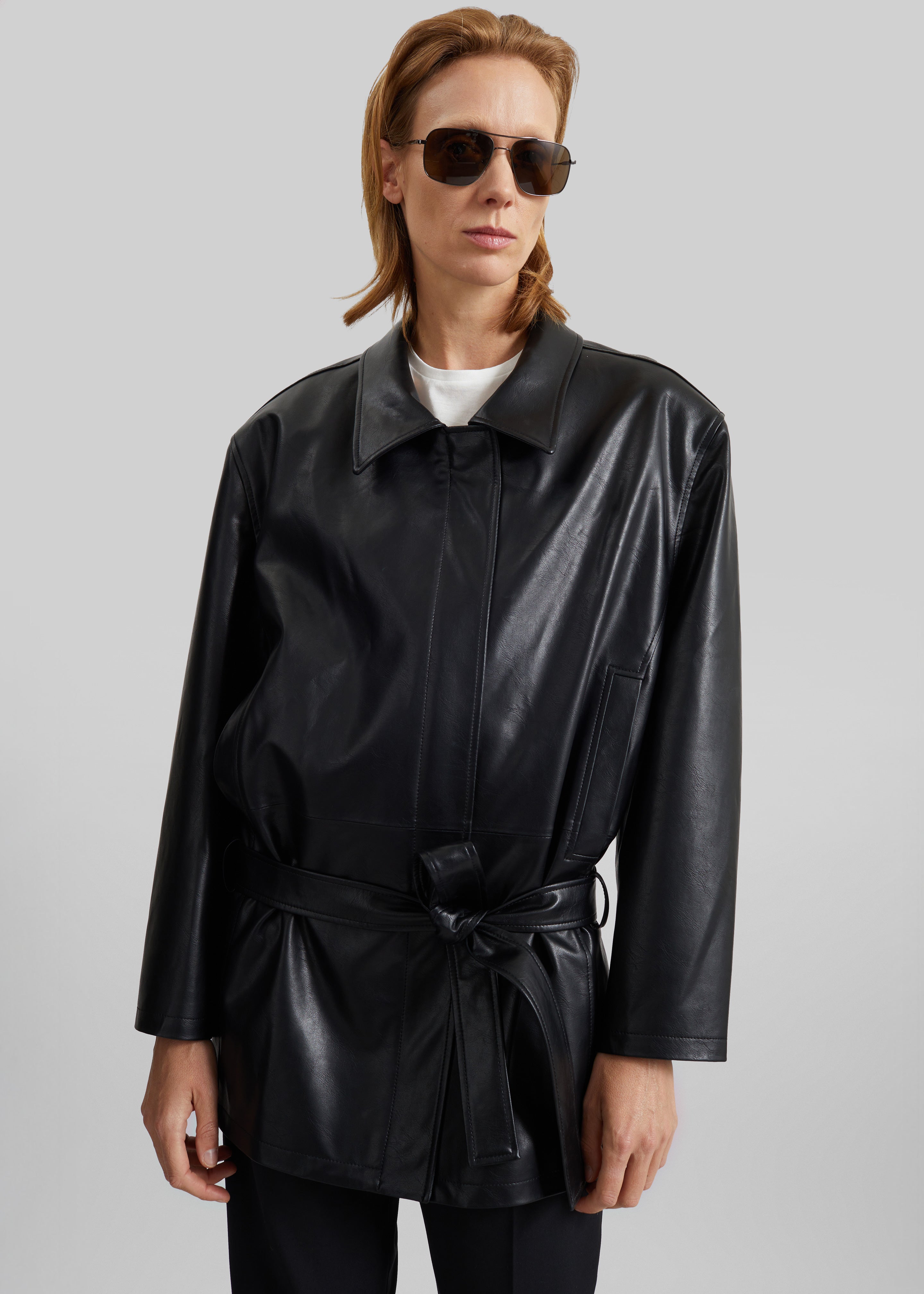 Low Classic Low Waist Artificial Leather Jacket - Black - 4