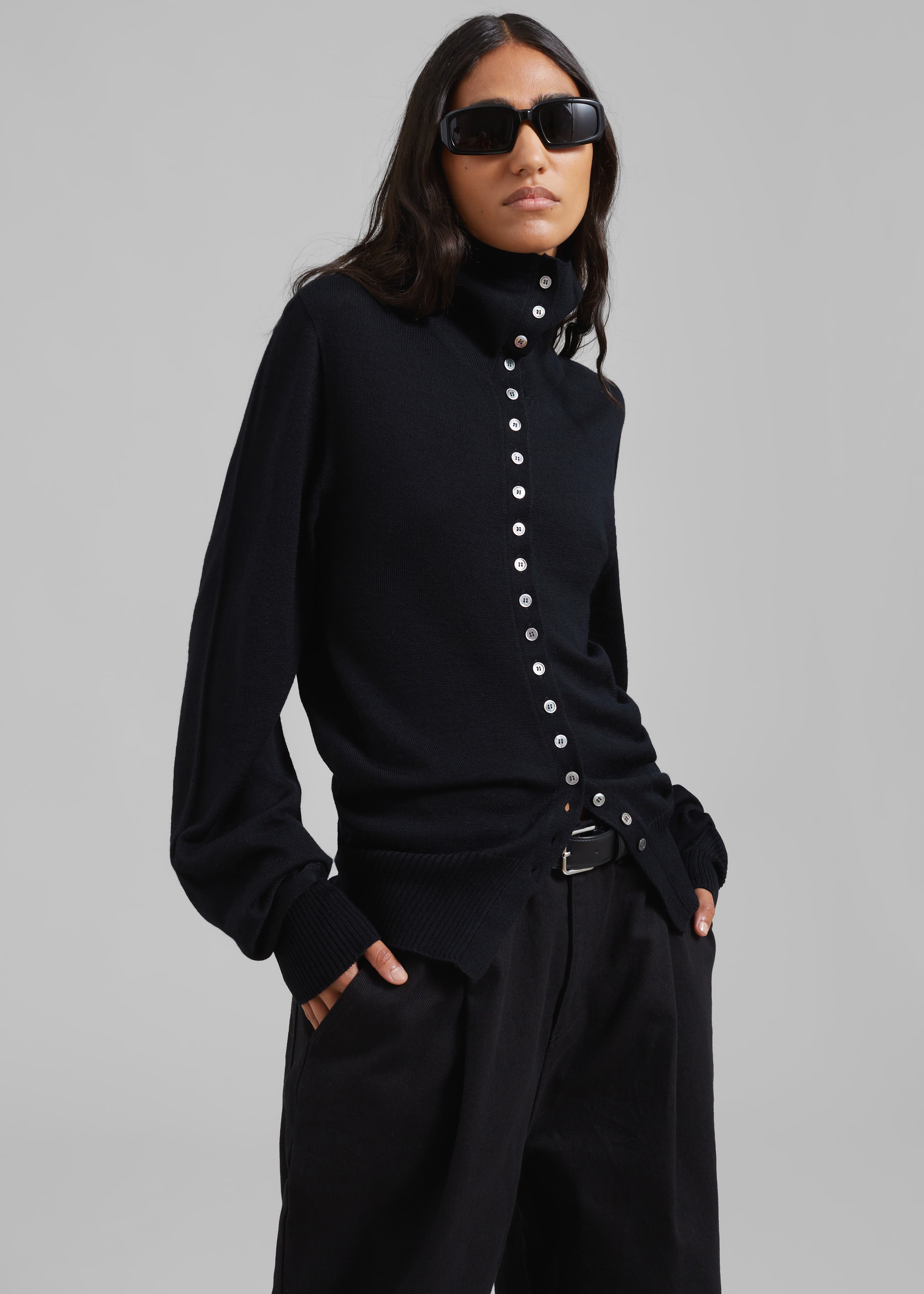 Low Classic Sailor Button Point Knit Cardigan - Black - 4