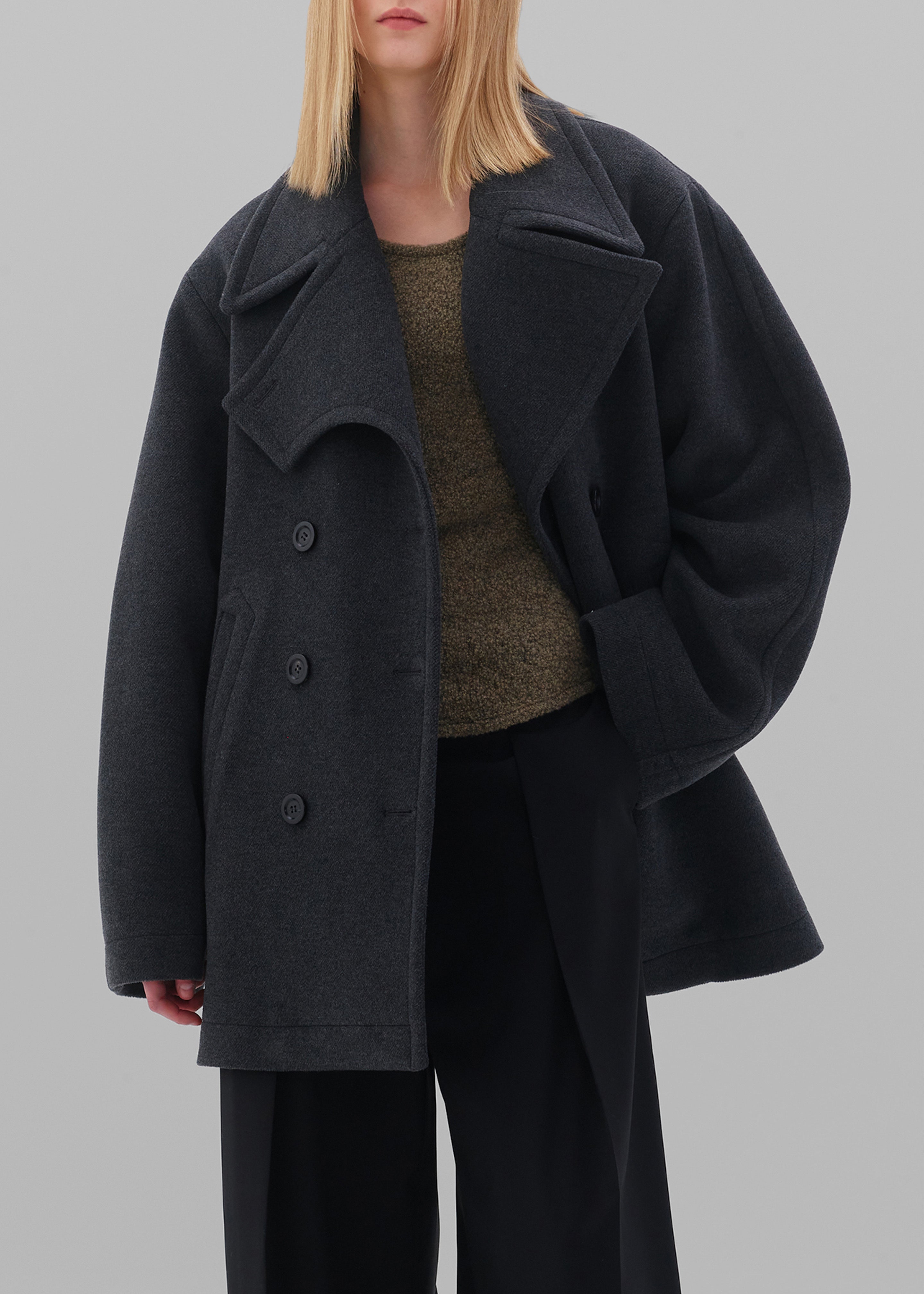 Low Classic Wide Collar Peacoat - Grey