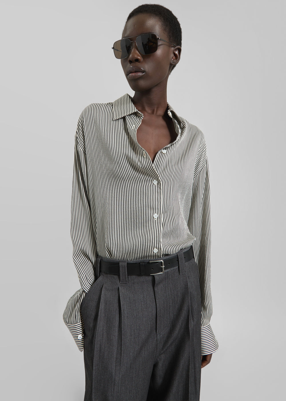 Lui Striped Silk Shirt - Black/White Stripe - 1