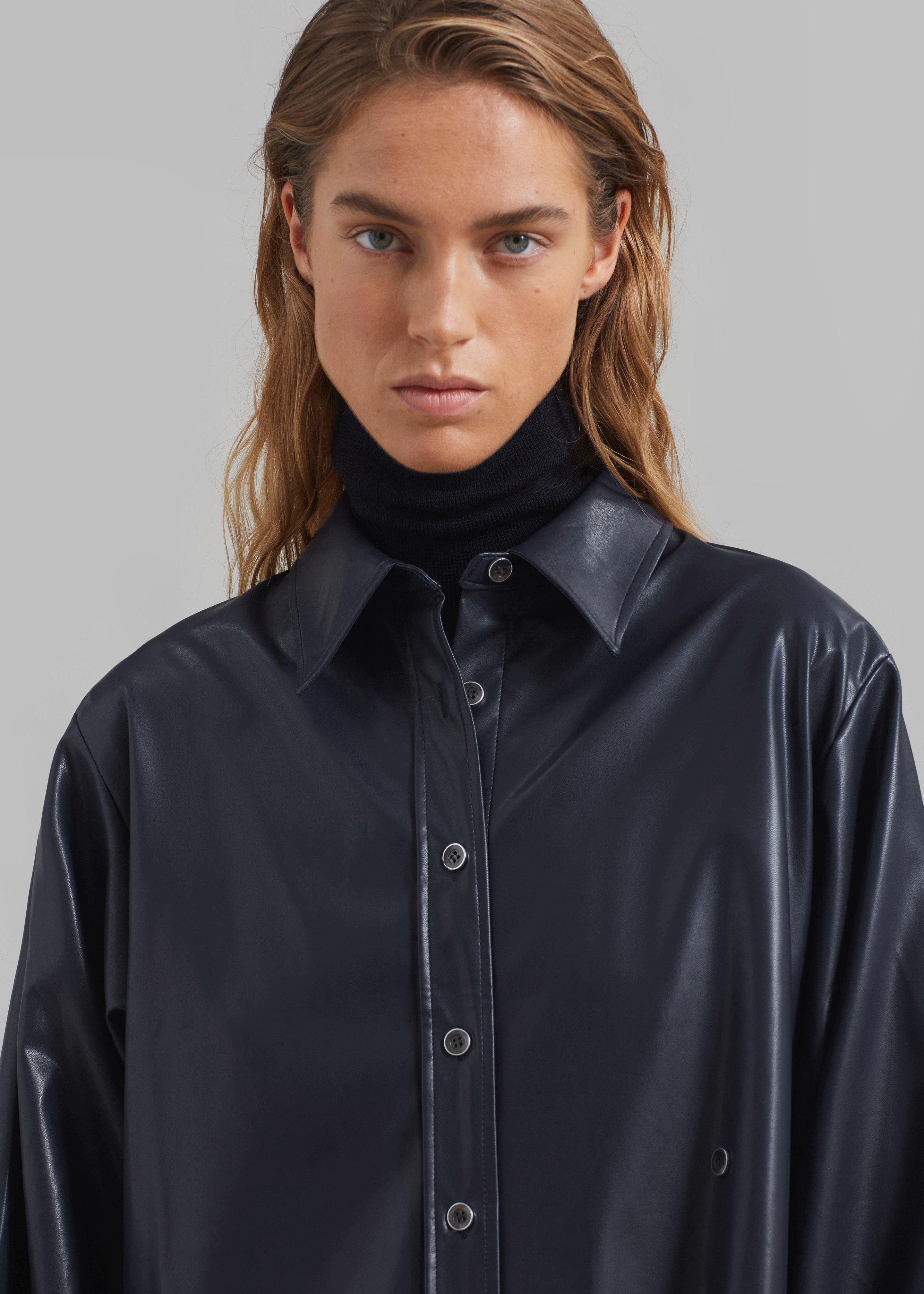 Luke Faux Leather Button Up Shirt - Navy - 3